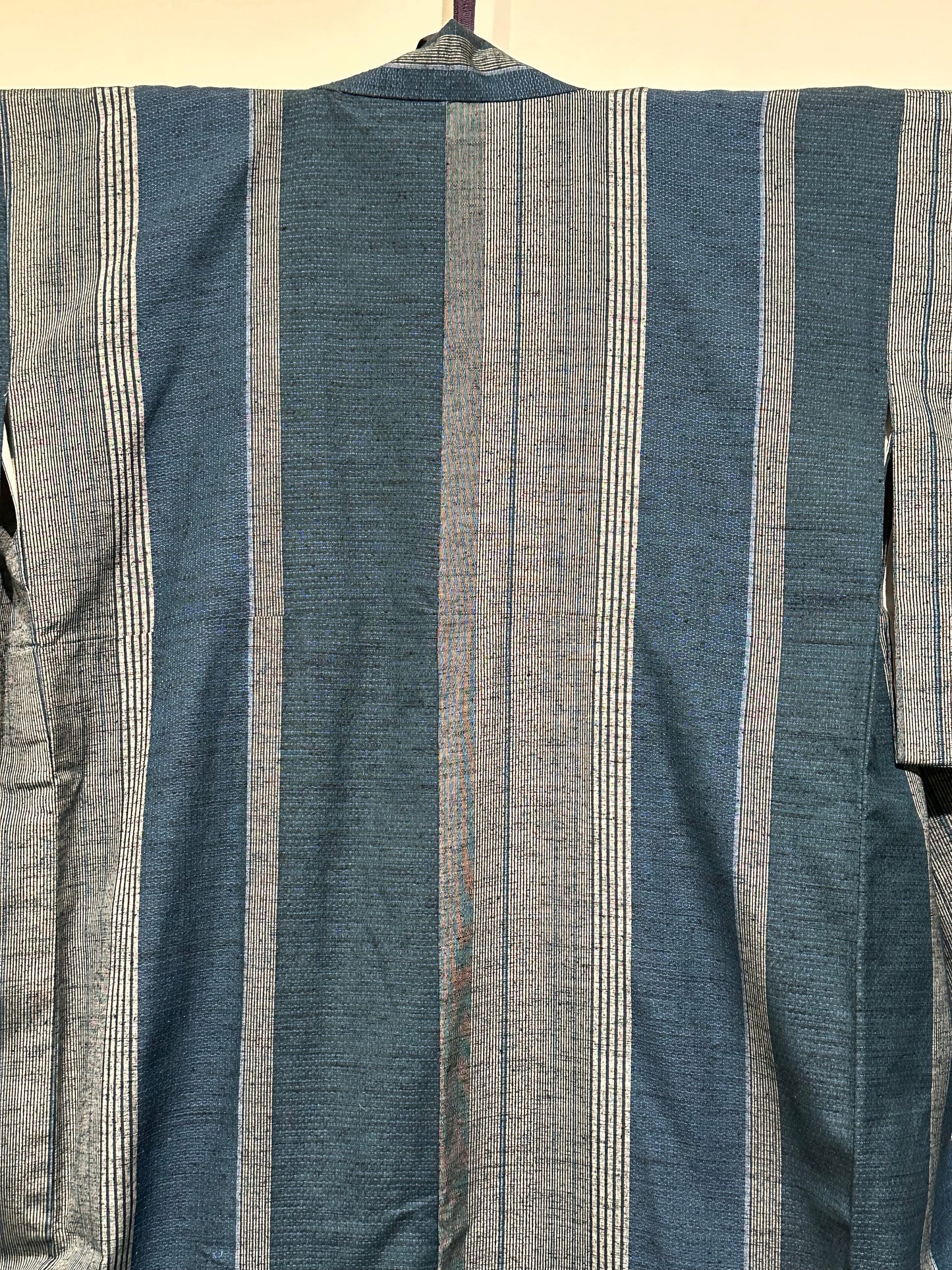 Japanese Yuki Tsumugi Silk Kimono Hand Woven Teal Stripes