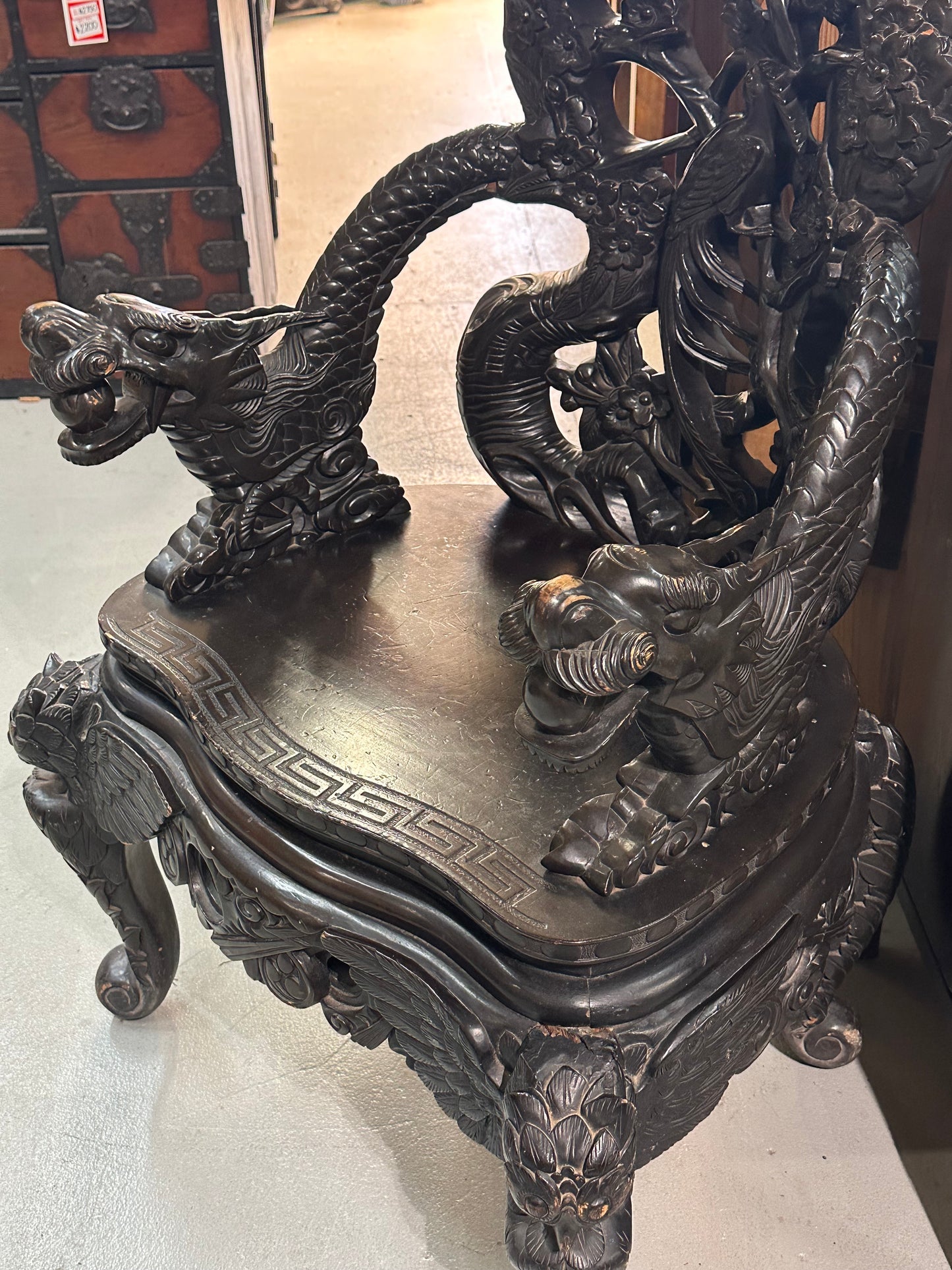 Japanese Dragon-Carved Export Armchair in Sugi Wood Meiji Era, c.1900 18.5" Seat