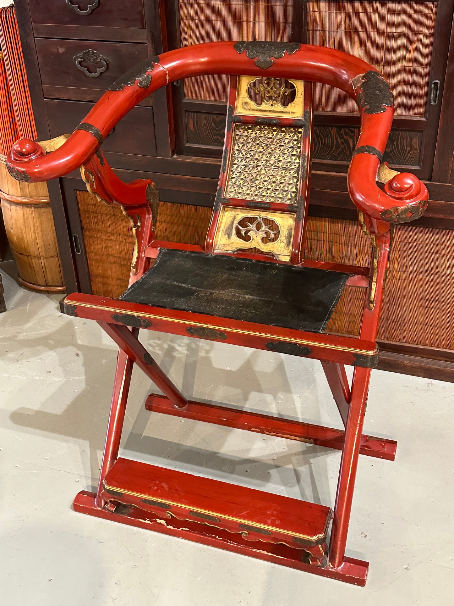 Rare Antique Japanese Edo Era (early 1800's) Red Lacquer Folding Chair 41"