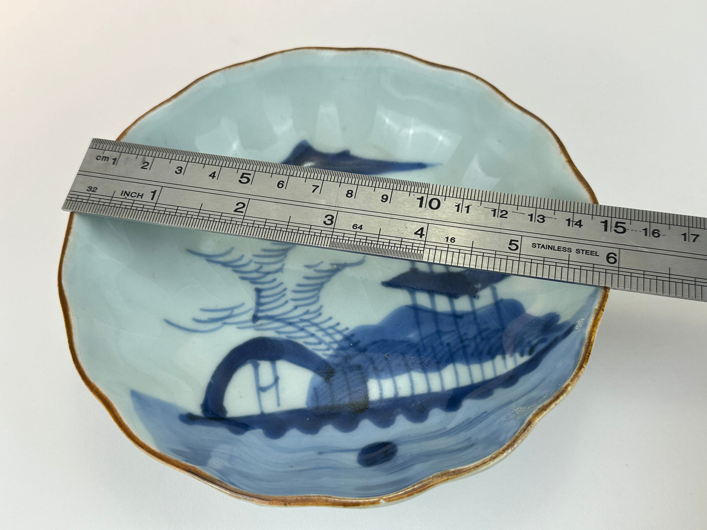 Antique Japanese Imari Scalloped Porcelain Bowl with Underglaze Blue Design 6.25"W
