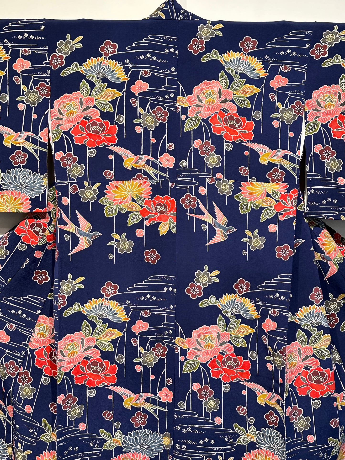 Japanese Chirimen Silk Houmongi Kimono w/ Sparrows & Peonies Dark Blue