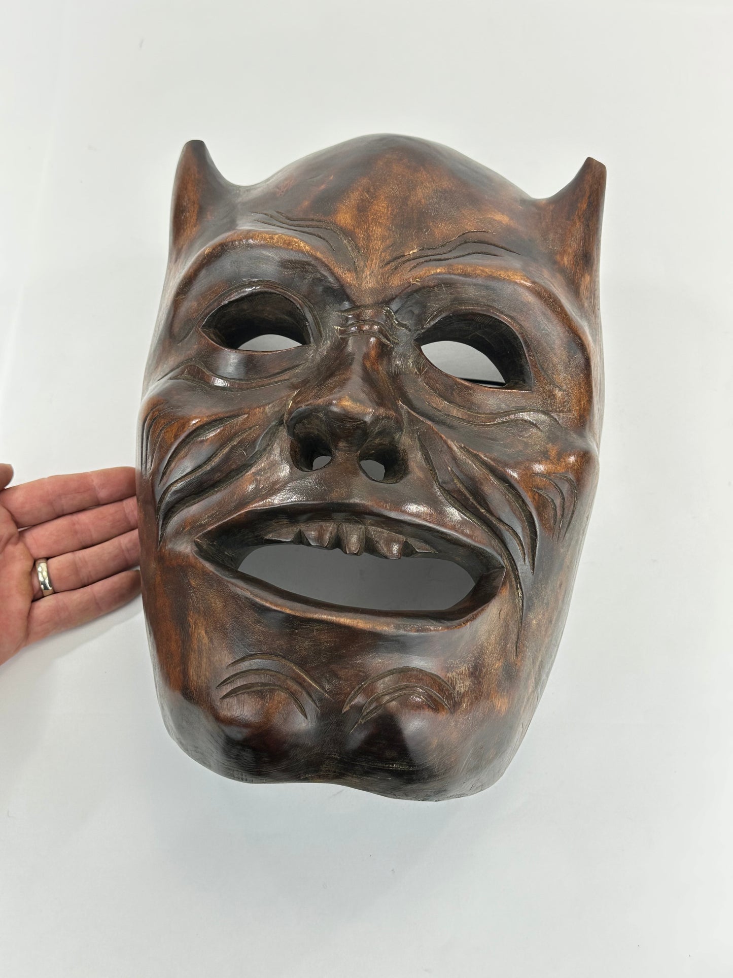 Vintage Japanese c1950's Folk Art Oni Mask Hand Carved Wood Wall Hanging 13"