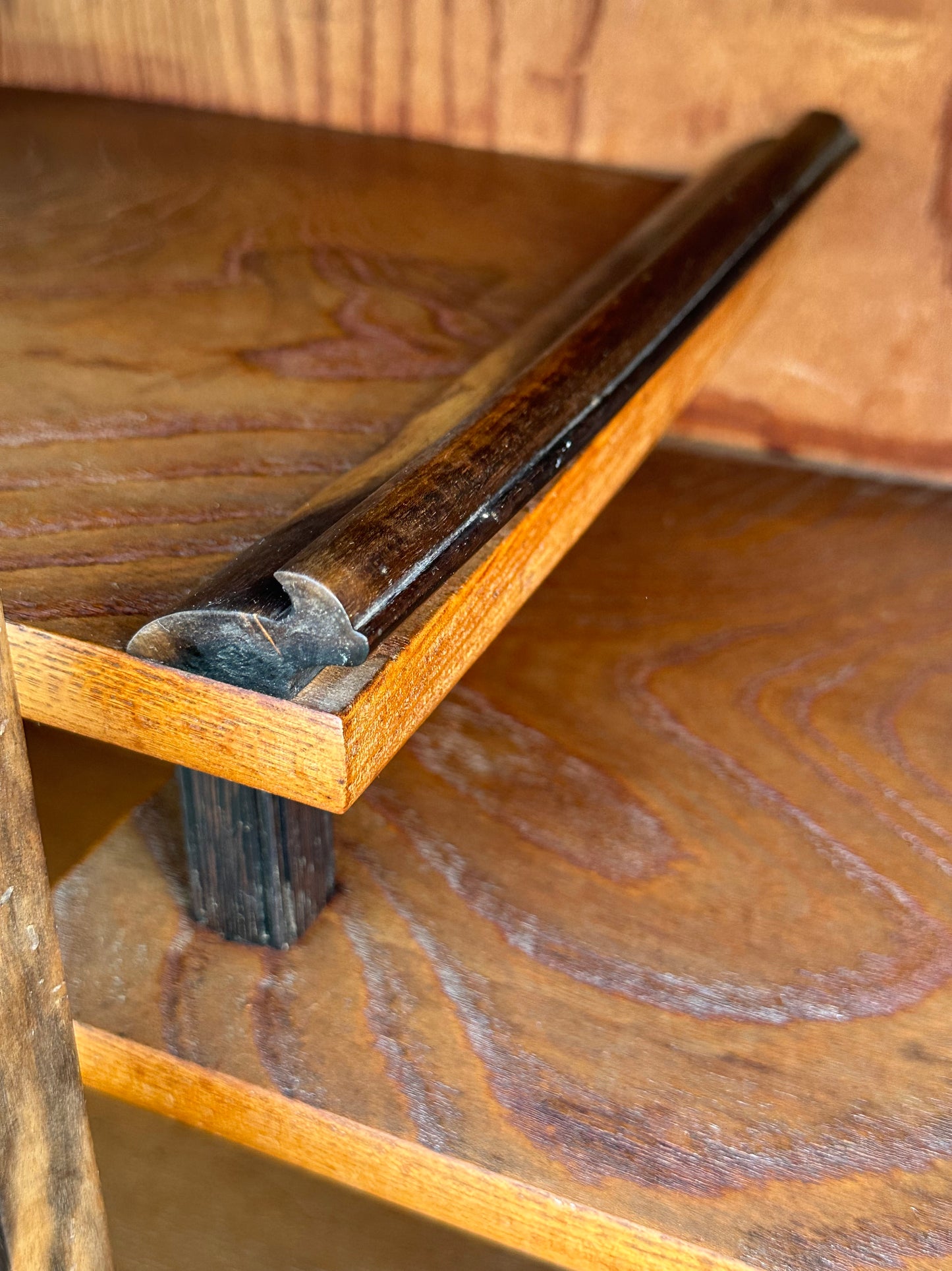 Rare Antique Japanese Keyaki Chadansu c1937 Cabinet Carved Crane & Turtle Finials Persimmon Trim 36"W