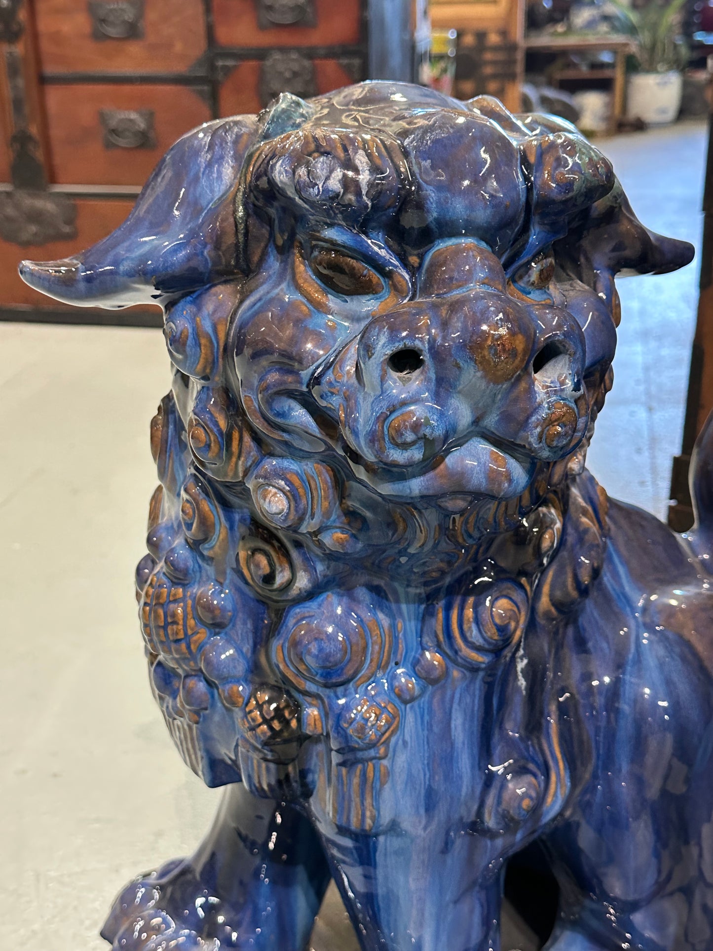Vintage Chinese Ceramic Foo Dog Pair by Master Tien-Fu Lin Blue Drip Glaze 28”H
