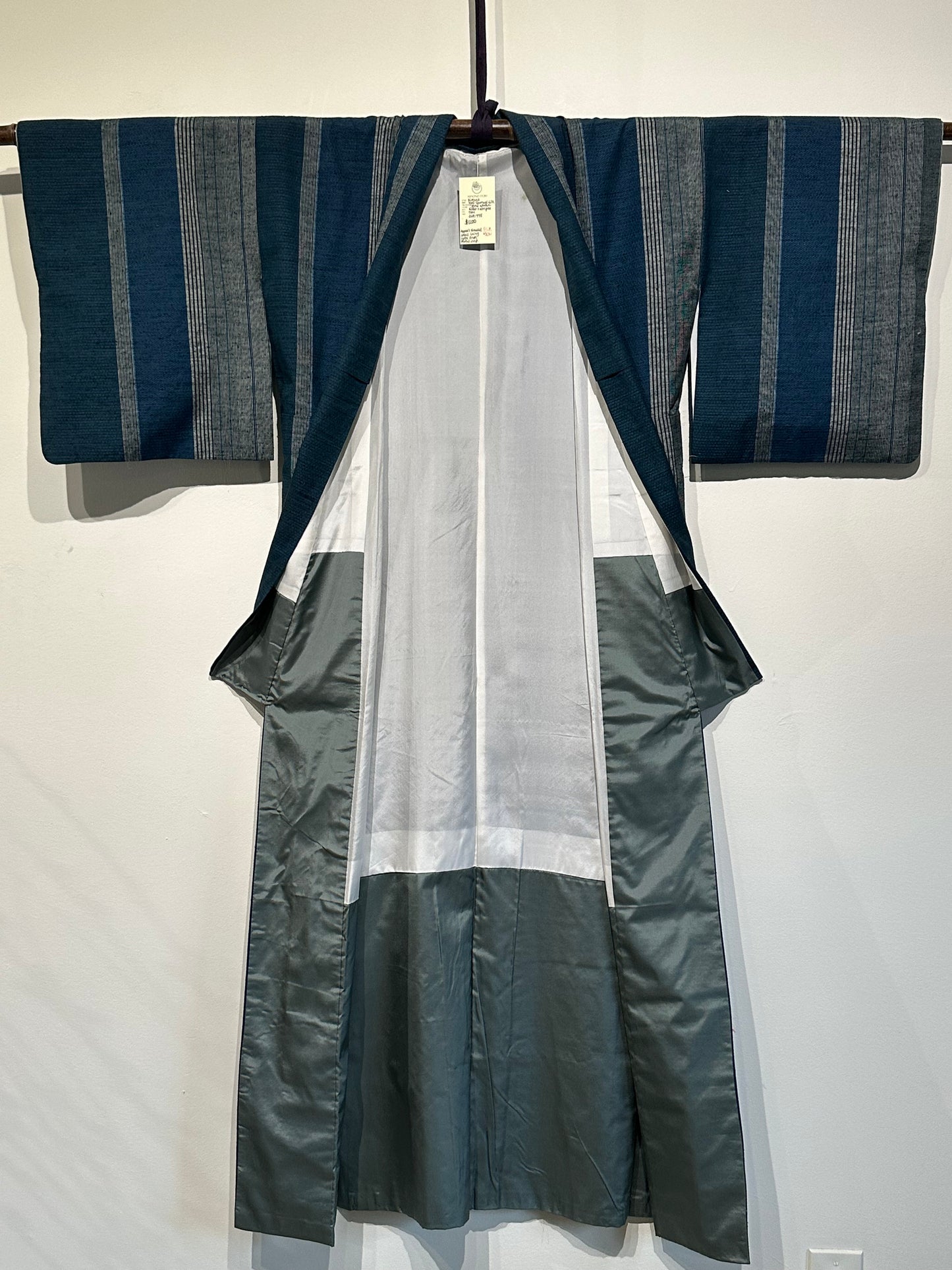 Japanese Yuki Tsumugi Silk Kimono Hand Woven Teal Stripes