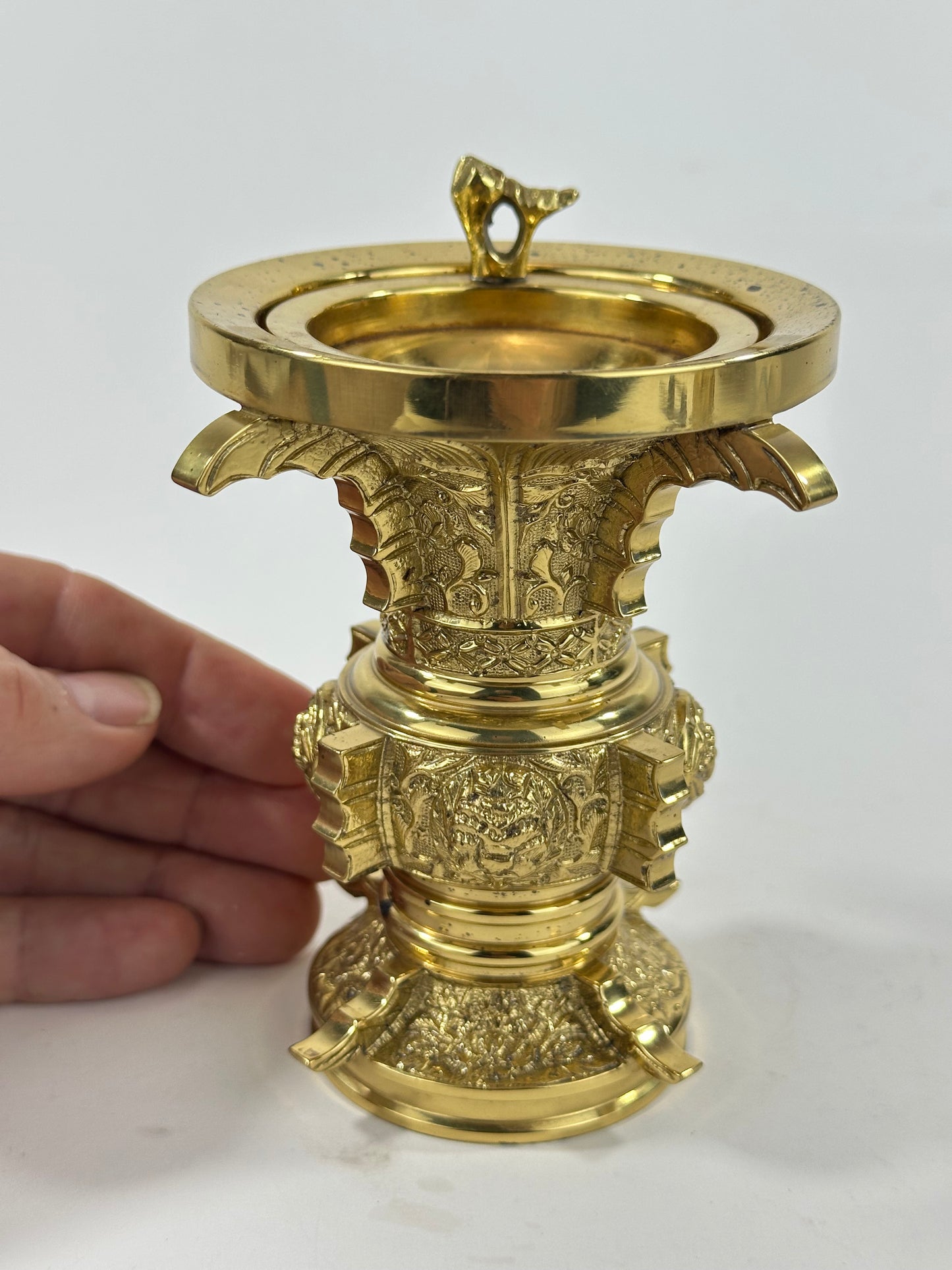 Antique Japanese Gilt Bronze Butsudan Vase Buddhist Ritual Offering Vessel 4"H