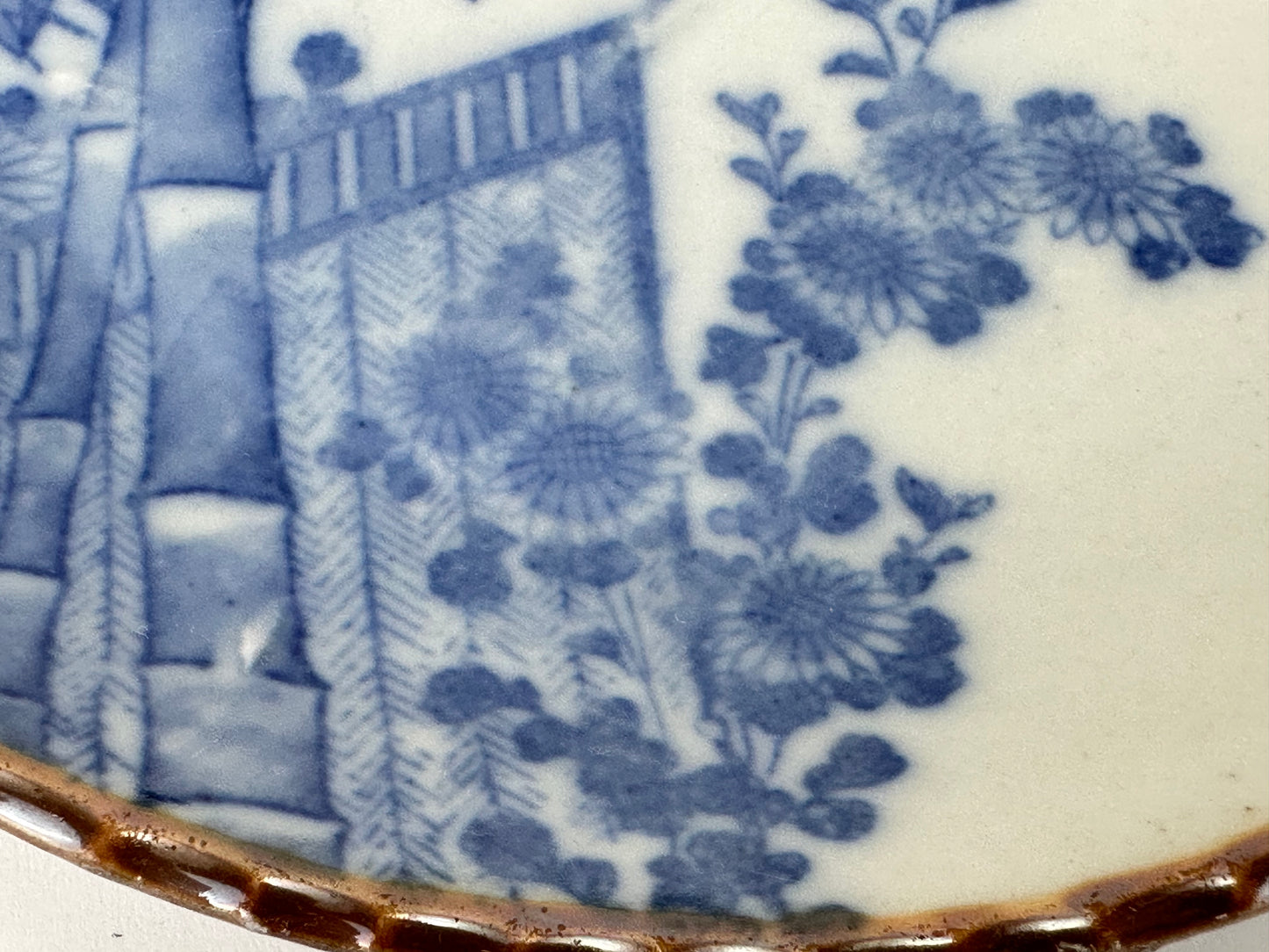 Antique Japanese Imari Blue & White Scalloped Bowl Bamboo Garden Scene 7.25"W