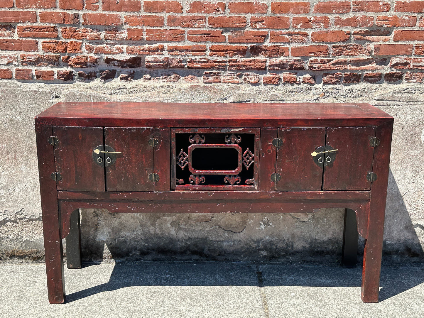 Antique Chinese Qing Red Lacquer Low Sideboard Cabinet Pierced Panel 62"W LS#150
