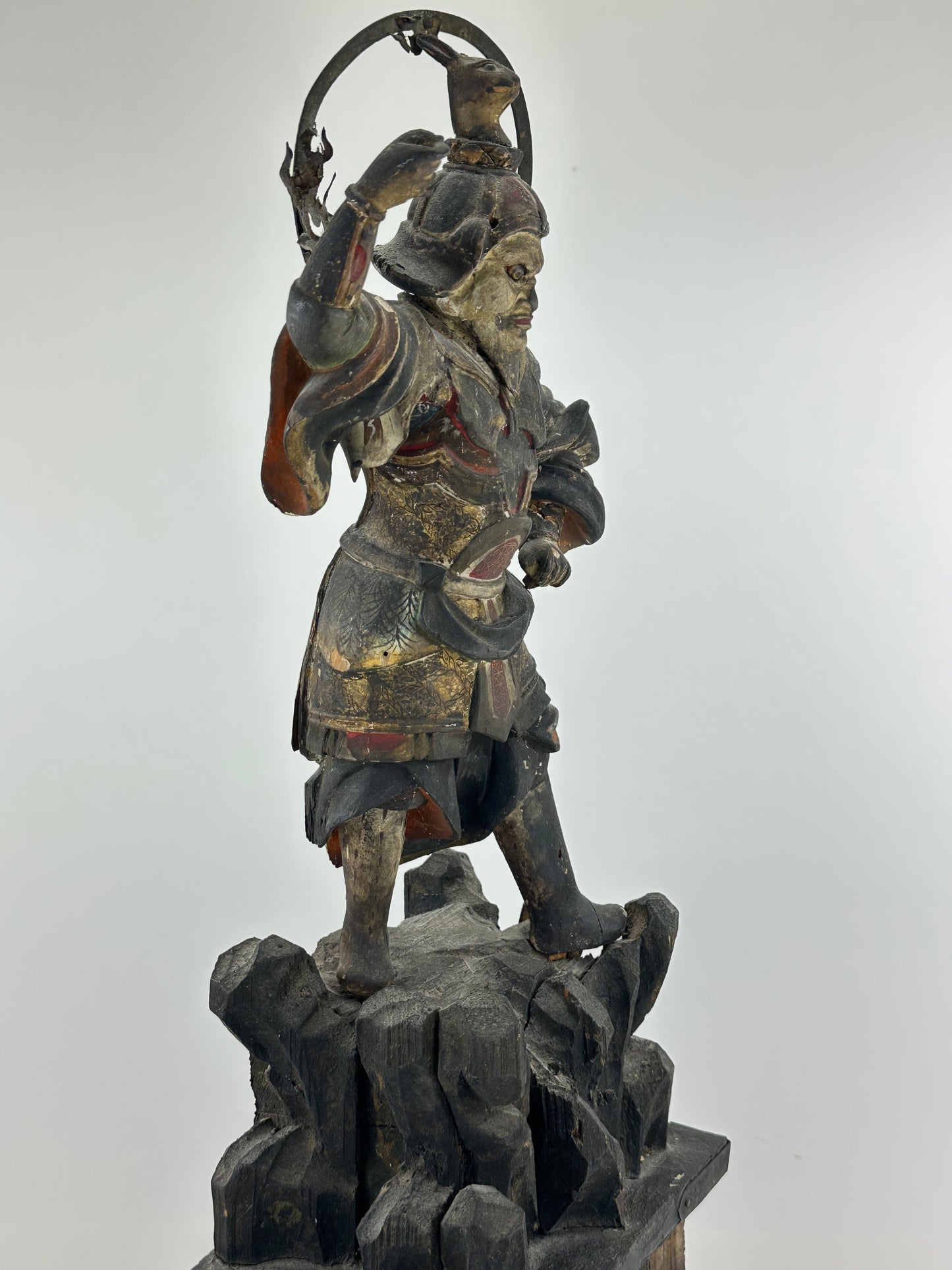 Antique Japanese Wooden Statue of Bishamonten Guardian Edo Period 17th-19th C. 22" Tall LS#047