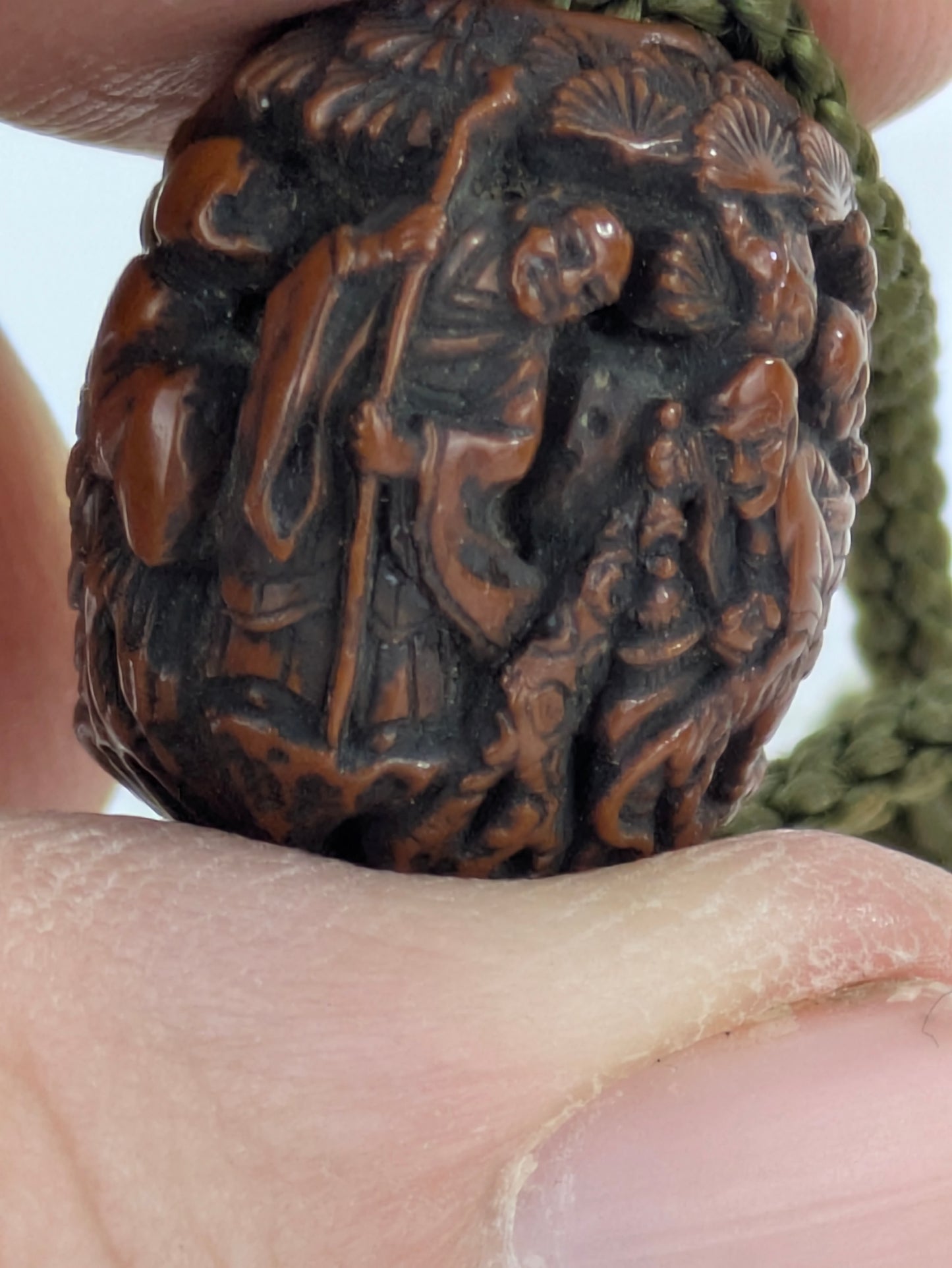 Antique Japanese Hand Carved Wooden Ojime Bead w/ Tiny Mountain Monks Motif .75"