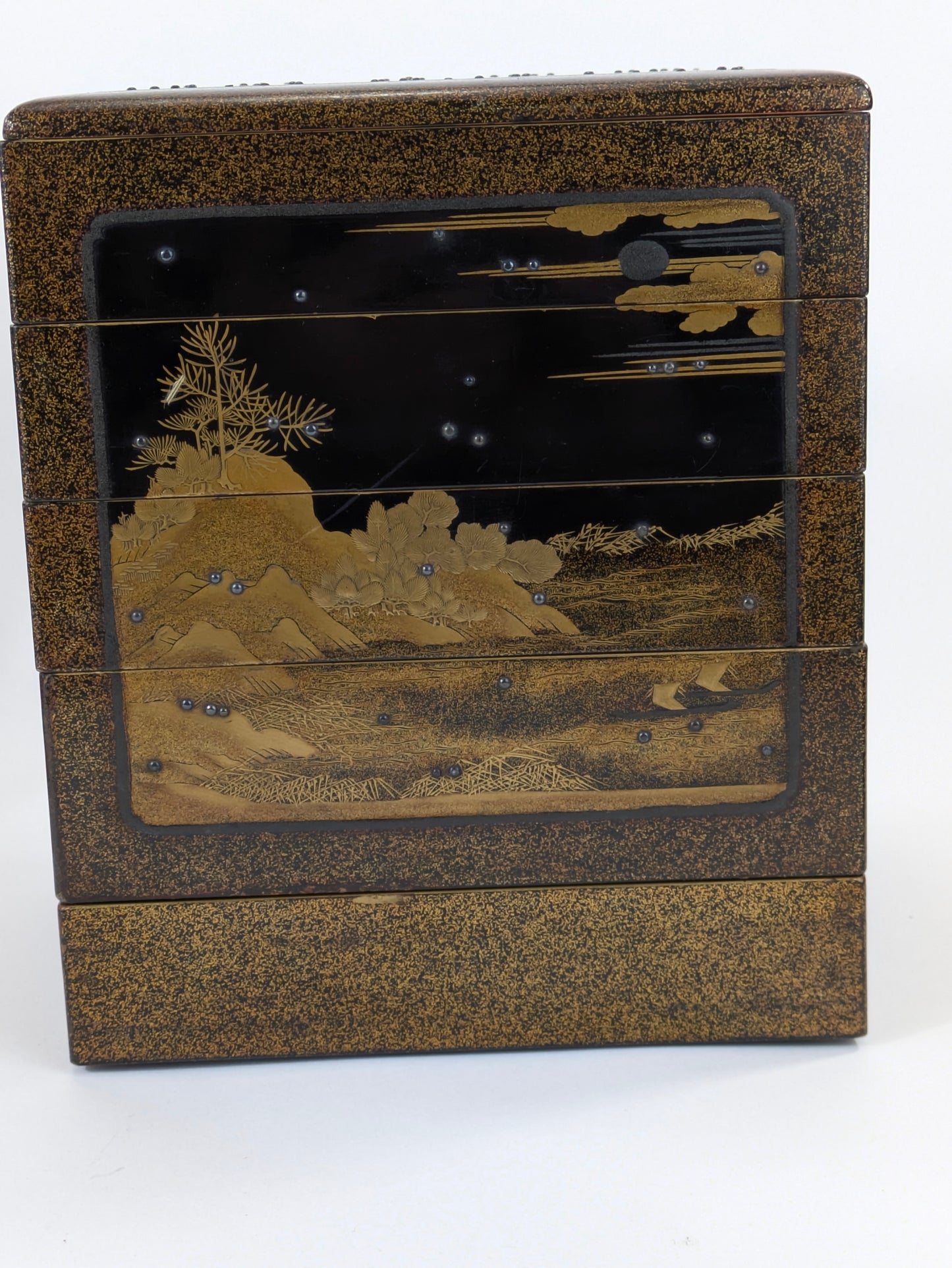 Antique Japanese Very Rare Edo Period 17/18 Century Lacquered Picnic Sake Set (Kazaribako) Hanami (Cherry Blossom Viewing) Caddy w Gold Maki-E & Silver “Dew” Studs LS#140