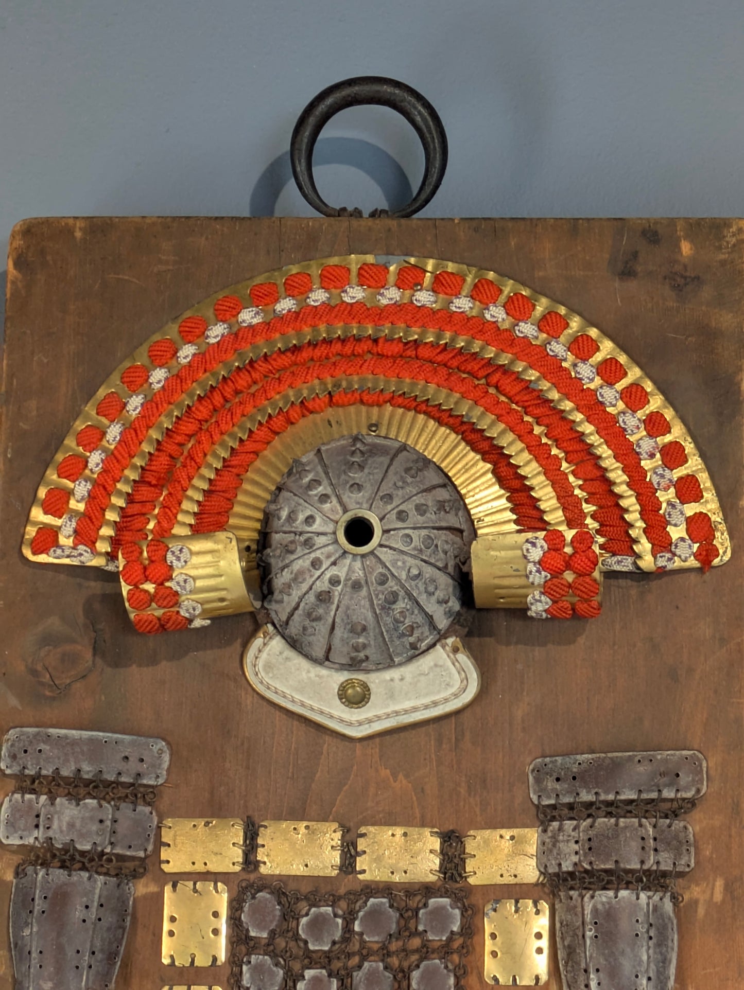 Antique Japanese Kanban Shop Sign Miniature Samurai Armor Parts “Yamatoya” 29" LS#046