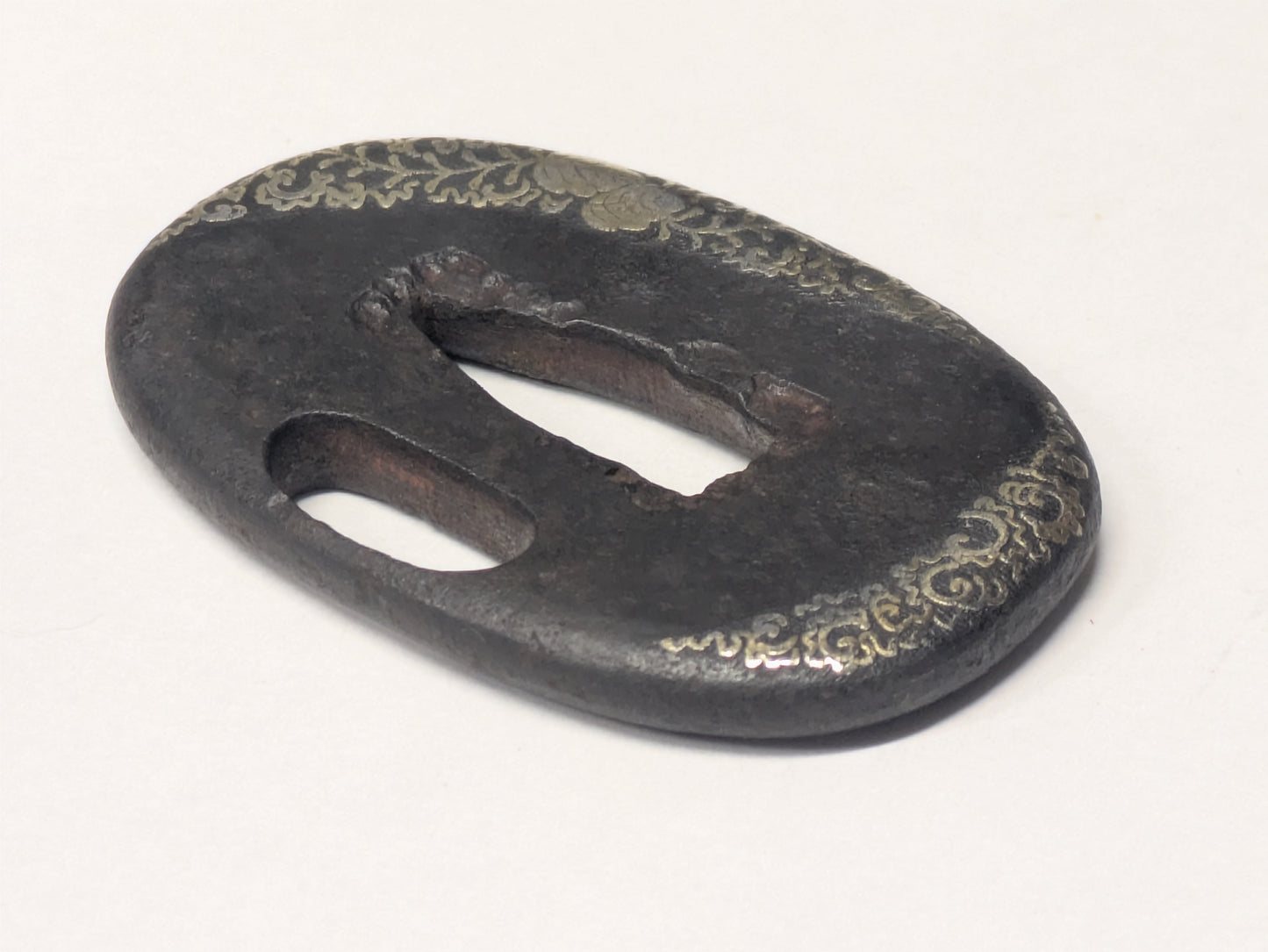 Antique Japanese Pair of Matched Iron Tsuba with Silver Wisteria Inlay, Edo Period, c. 1800–1868