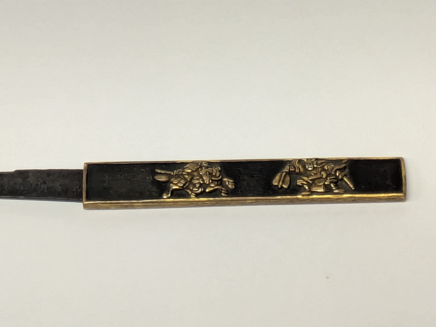 Antique Japanese Edo Period Kozuka Knife Sheath Two Samurai in Gilt Relief Edo period (18th–19th C),