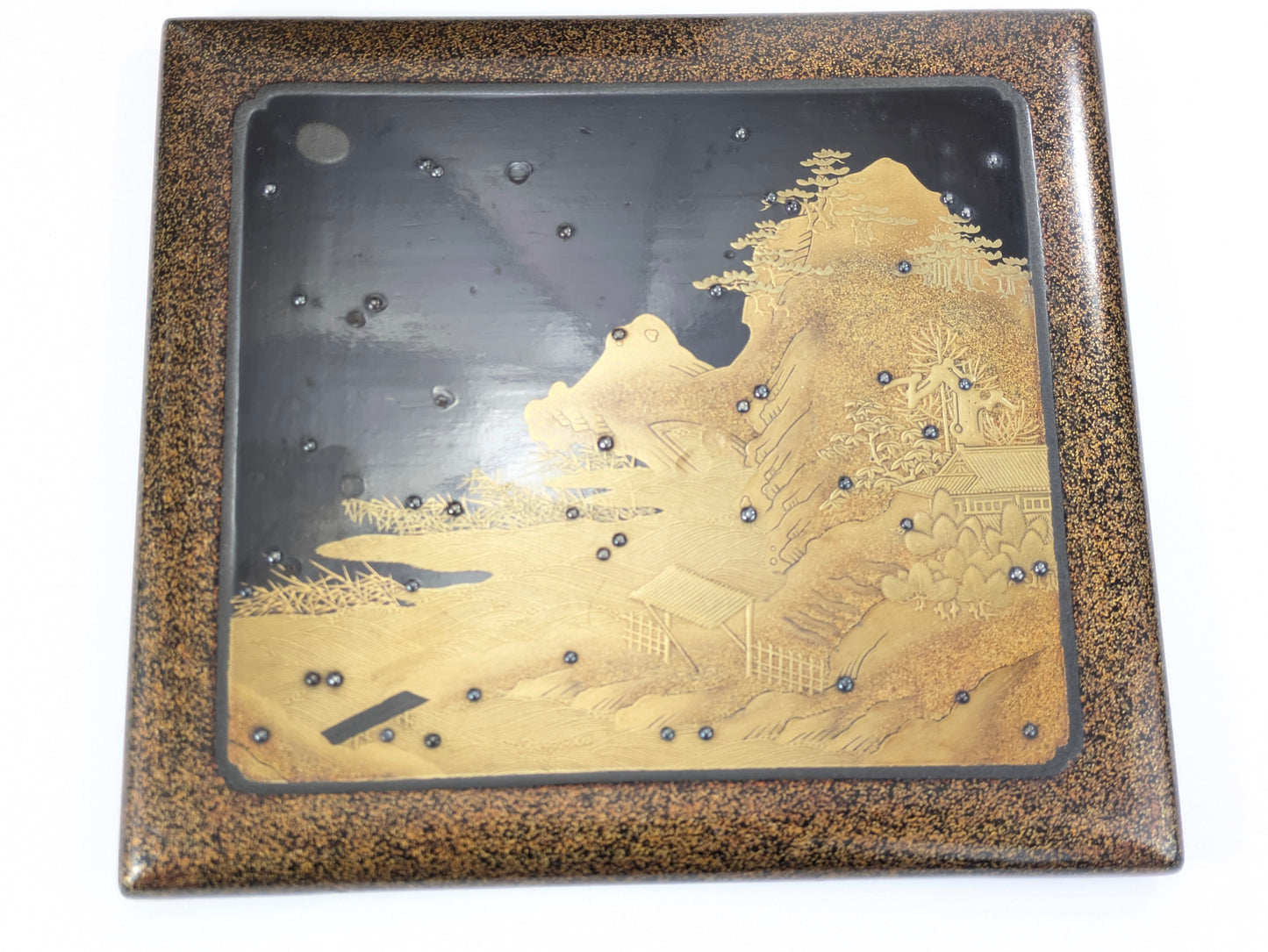Antique Japanese Very Rare Edo Period 17/18 Century Lacquered Picnic Sake Set (Kazaribako) Hanami (Cherry Blossom Viewing) Caddy w Gold Maki-E & Silver “Dew” Studs LS#140