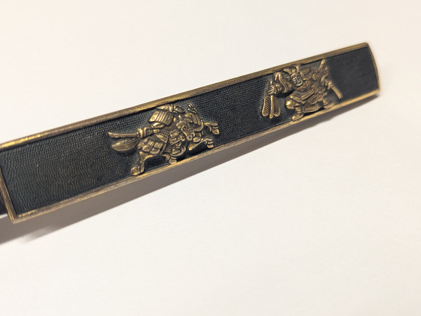 Antique Japanese Edo Period Kozuka Knife Sheath Two Samurai in Gilt Relief Edo period (18th–19th C),