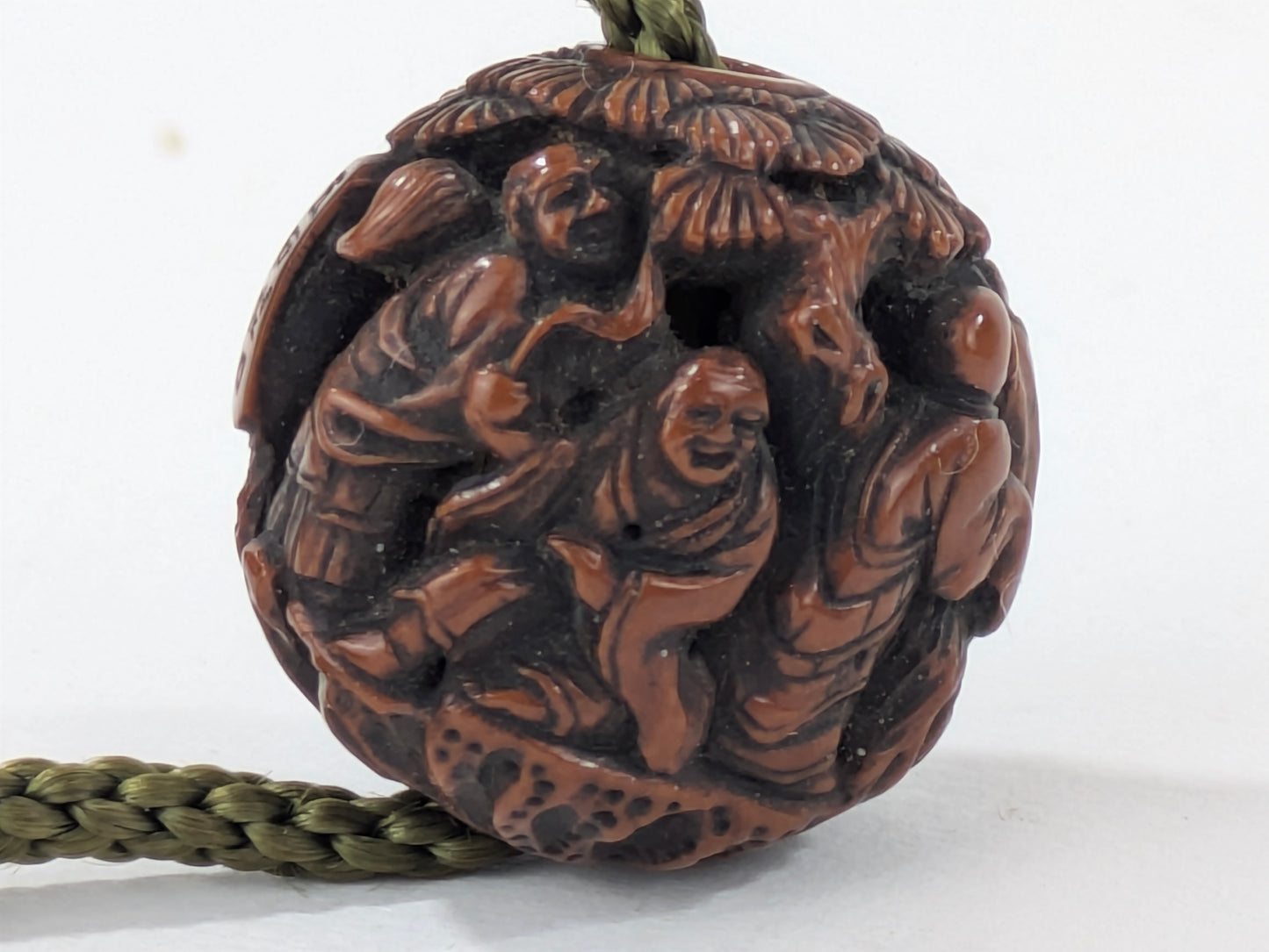 Antique Japanese Hand Carved Wooden Ojime Bead w/ Tiny Mountain Monks Motif .75"
