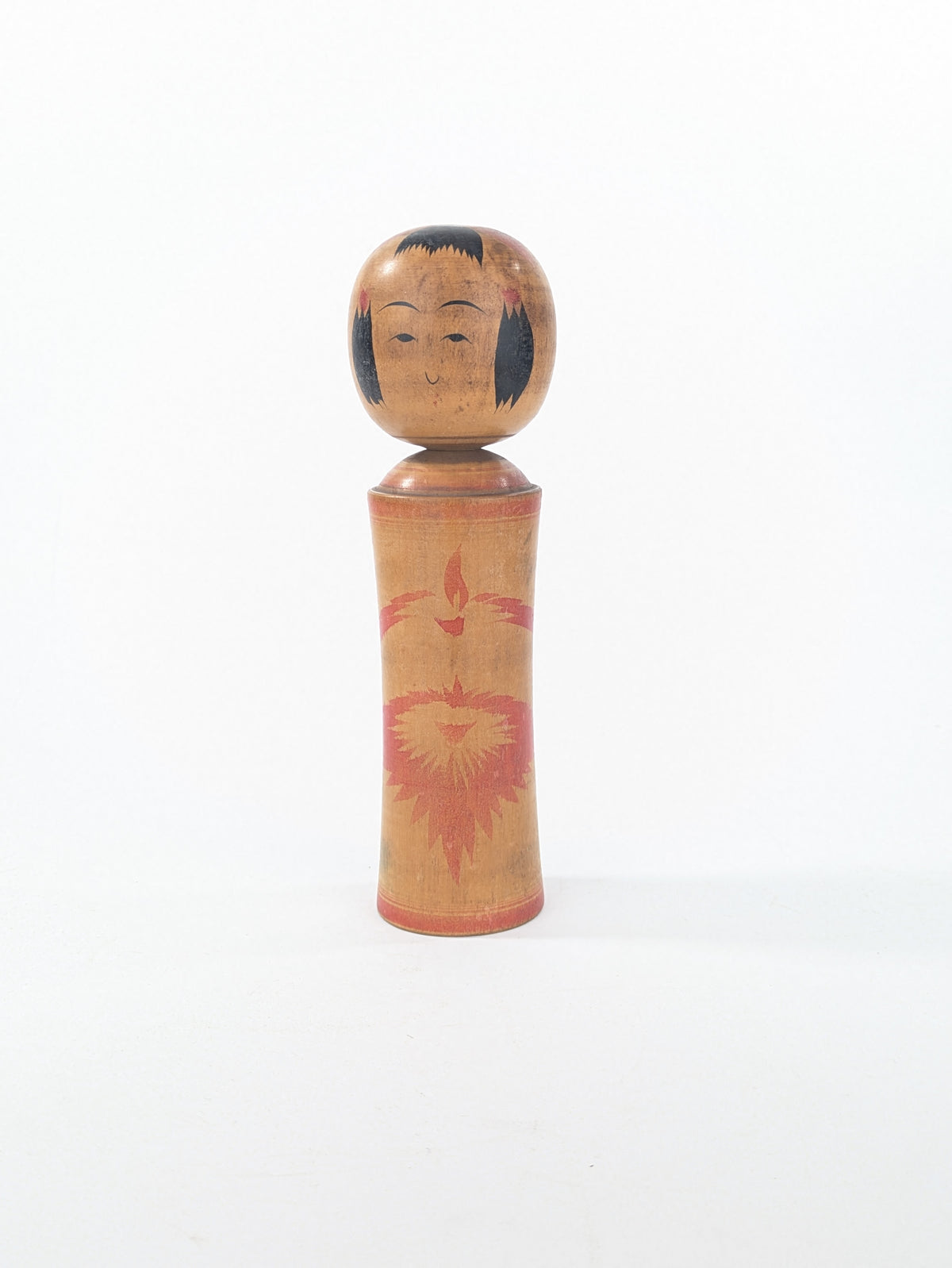 Vintage Japanese Signed Wooden Kokeshi Doll Traditional Floral Motif 8.5"H