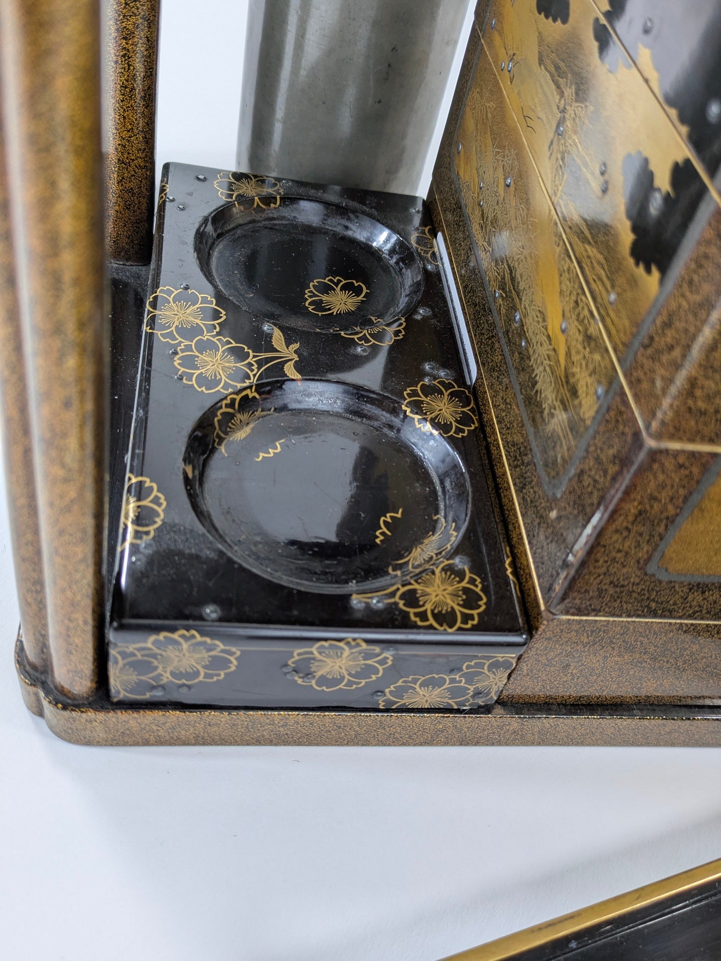 Antique Japanese Very Rare Edo Period 17/18 Century Lacquered Picnic Sake Set (Kazaribako) Hanami (Cherry Blossom Viewing) Caddy w Gold Maki-E & Silver “Dew” Studs LS#140
