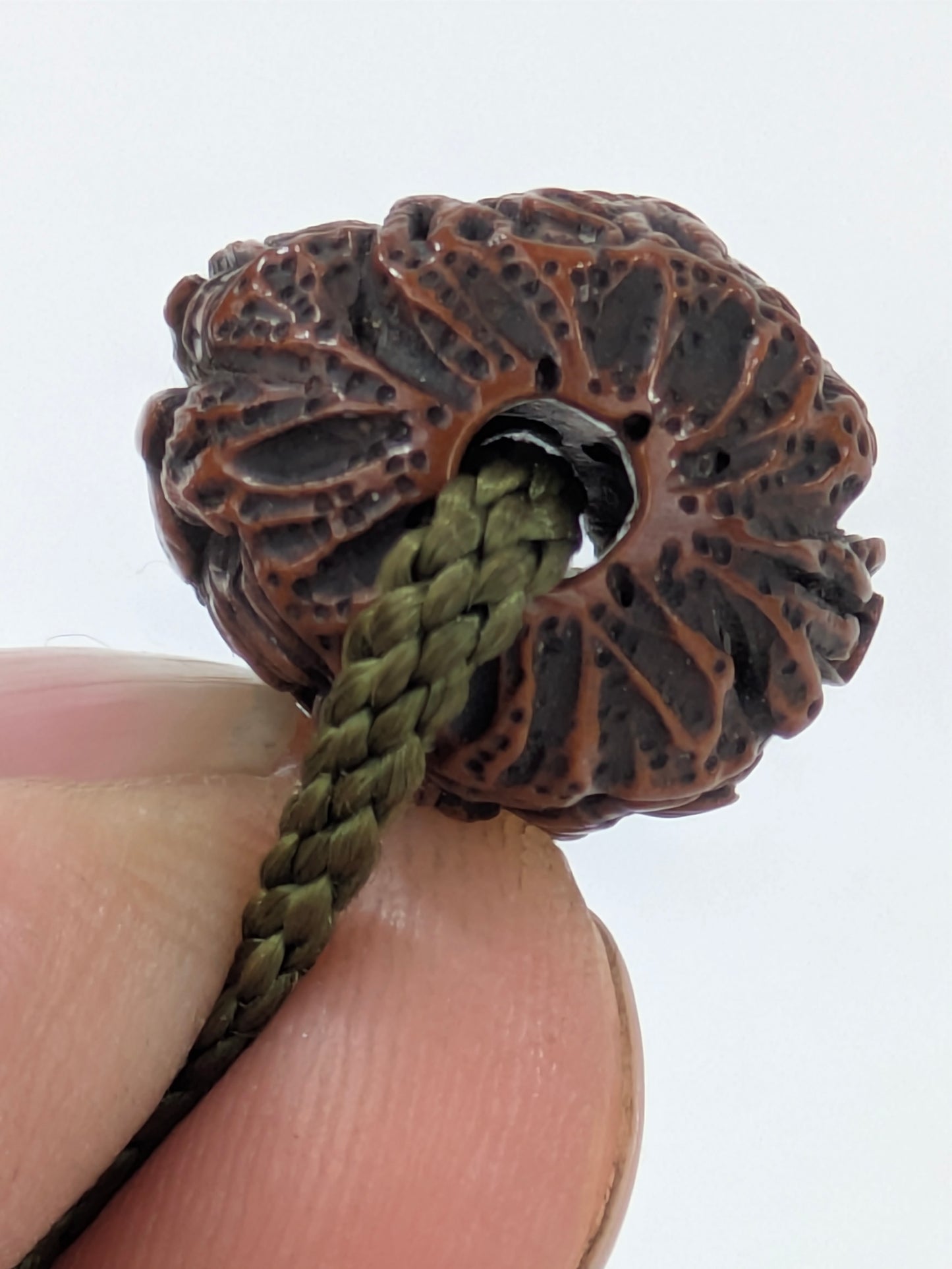Antique Japanese Hand Carved Wooden Ojime Bead w/ Tiny Mountain Monks Motif .75"