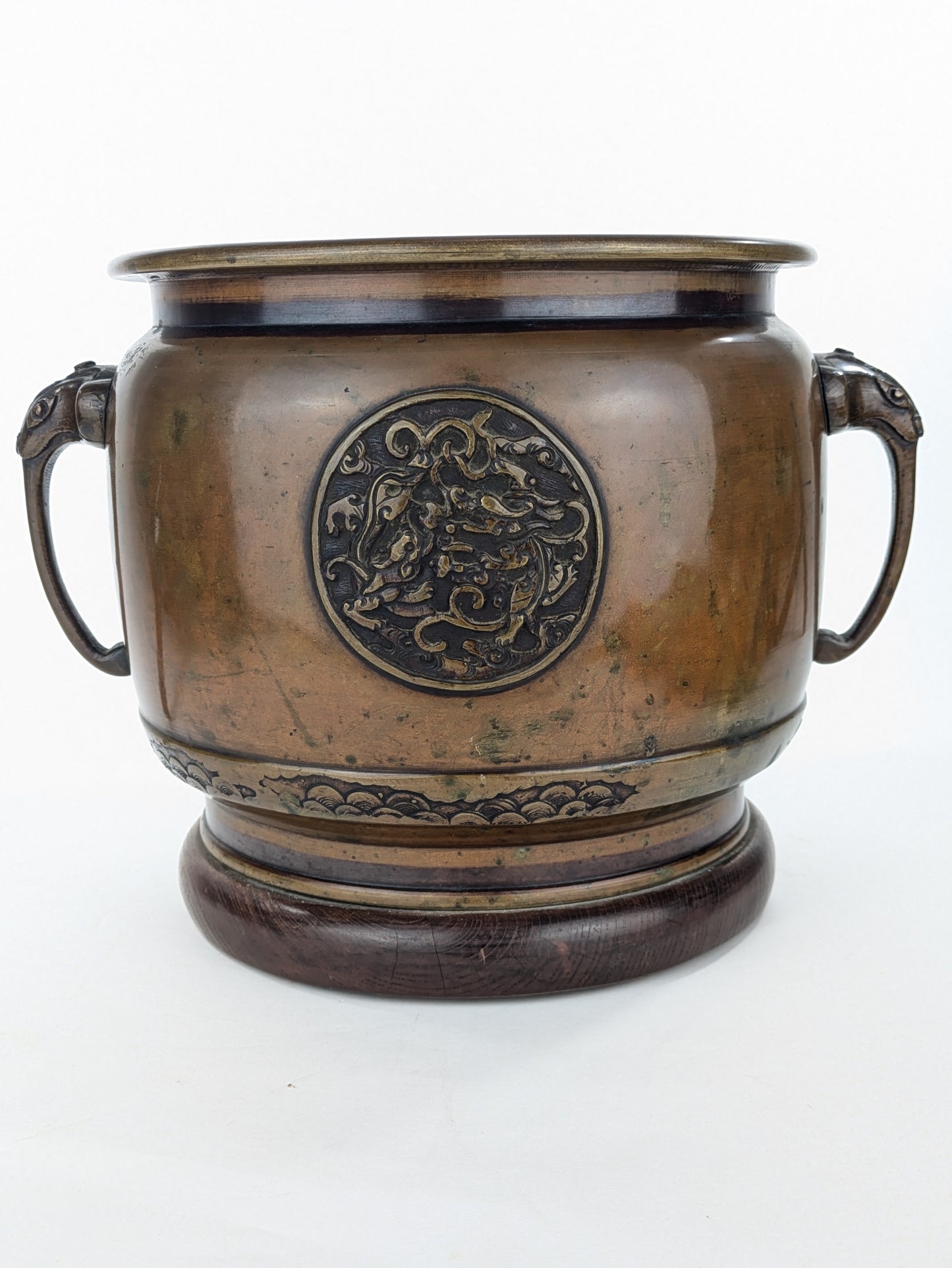 Antique Japanese (c1920) Bronze Hibachi Brazier Animals Dragon Tiger Motif 11"