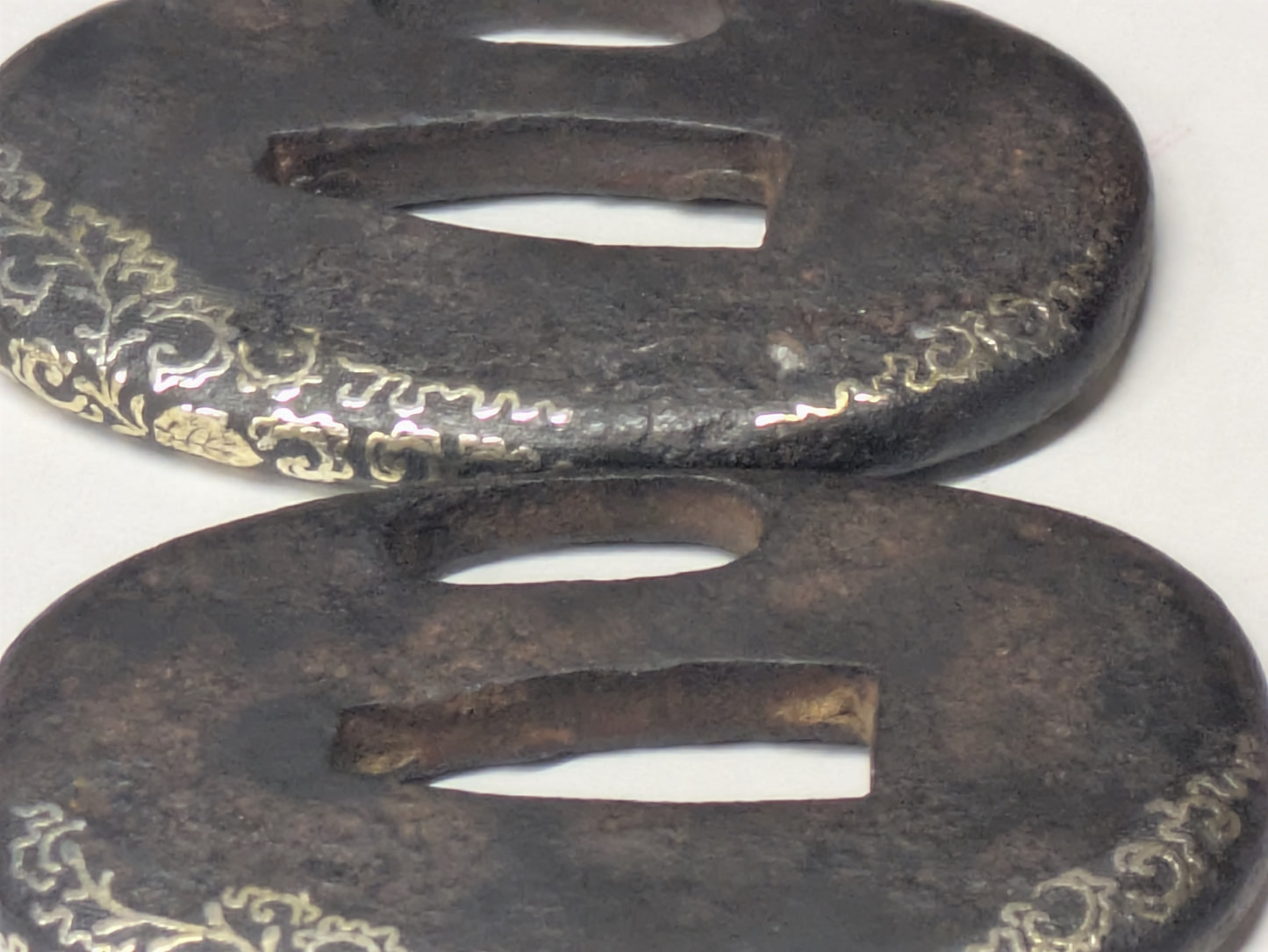 Antique Japanese Pair of Matched Iron Tsuba with Silver Wisteria Inlay, Edo Period, c. 1800–1868