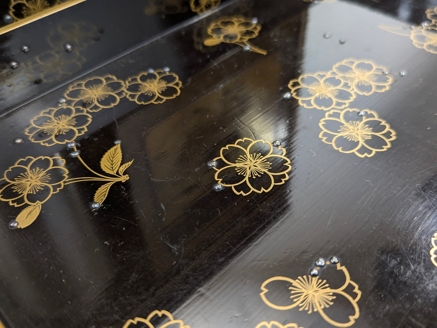 Antique Japanese Very Rare Edo Period 17/18 Century Lacquered Picnic Sake Set (Kazaribako) Hanami (Cherry Blossom Viewing) Caddy w Gold Maki-E & Silver “Dew” Studs LS#140