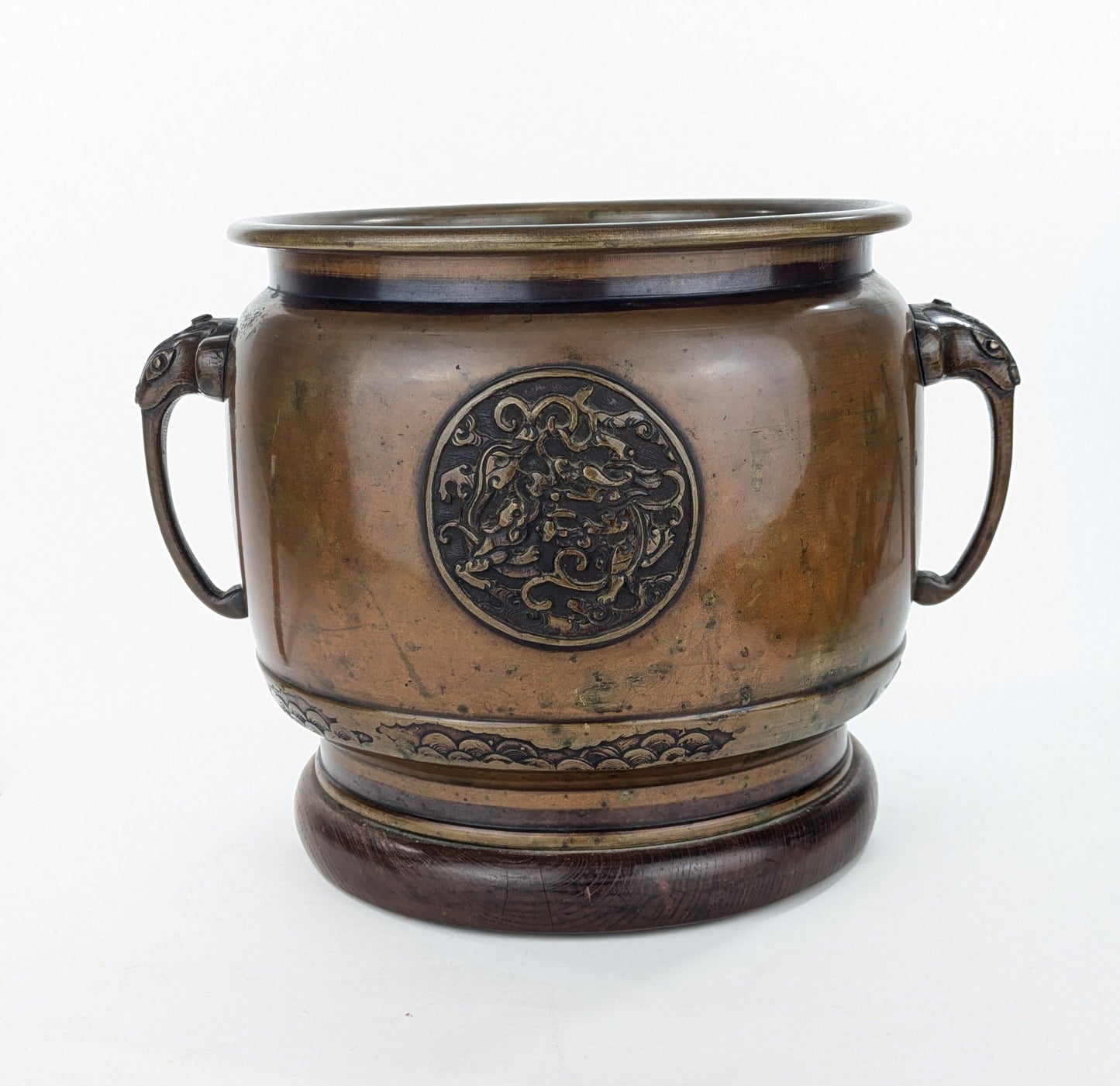 Antique Japanese (c1920) Bronze Hibachi Brazier Animals Dragon Tiger Motif 11"