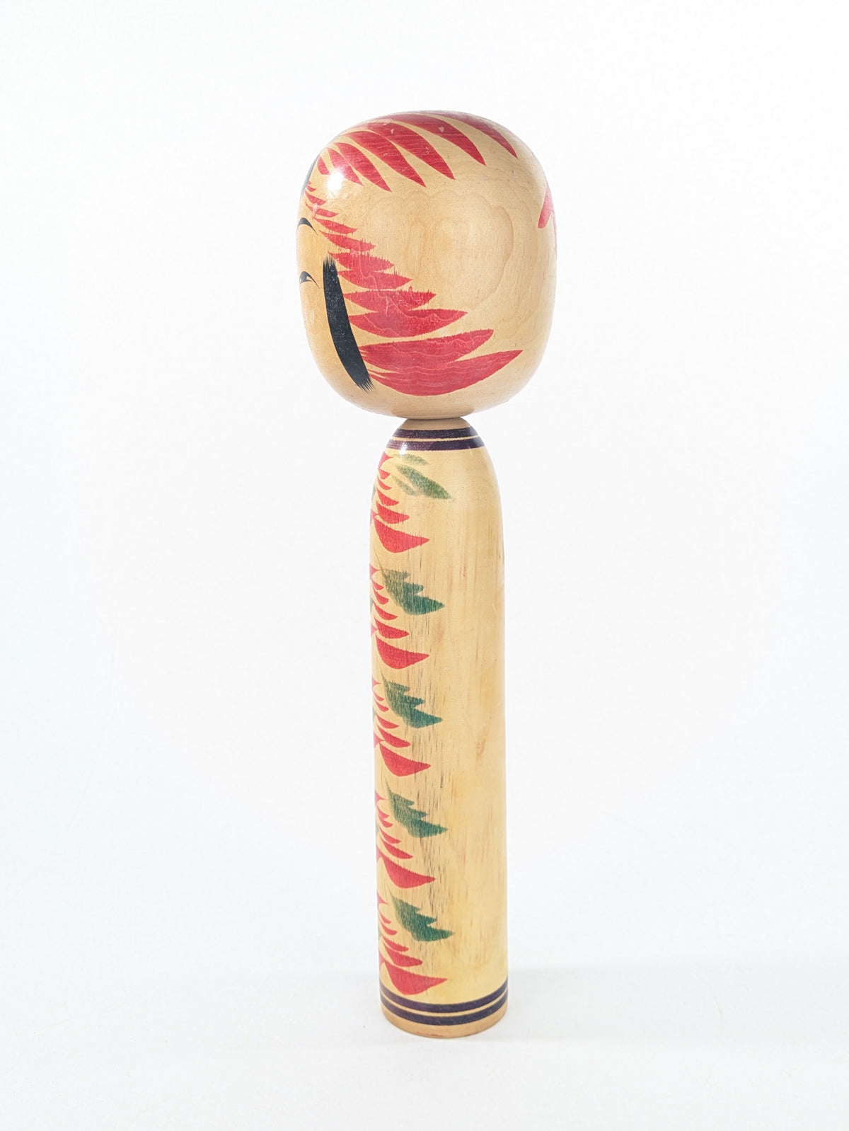 Vintage Japanese Signed Wooden Kokeshi Doll Radiating Floral Design 12.5"H