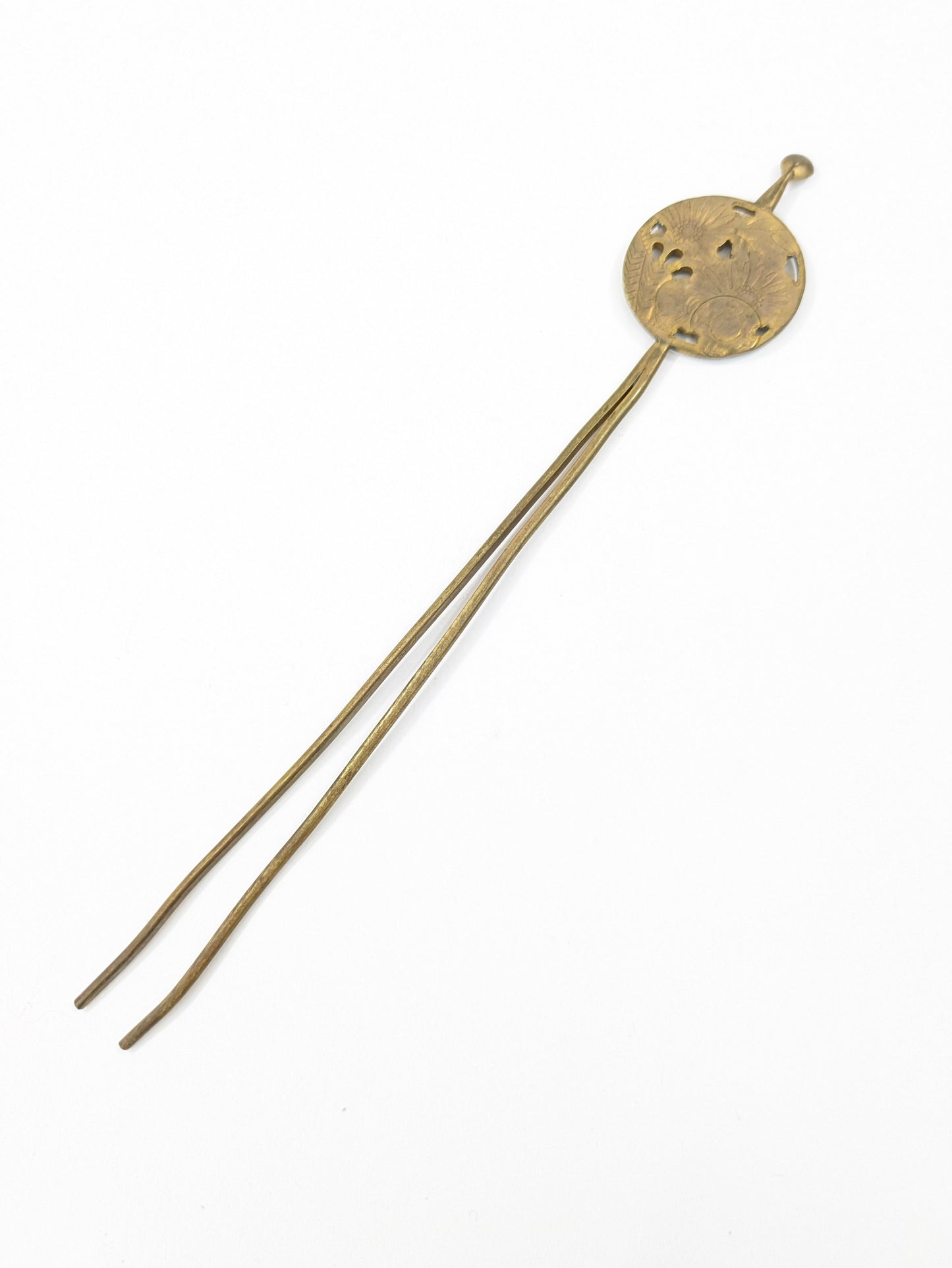 Antique Japanese Round Kanzashi Geisha Hairpiece Bronze Daisies & Tenko Drum 7" Hairpin Mimikake Style