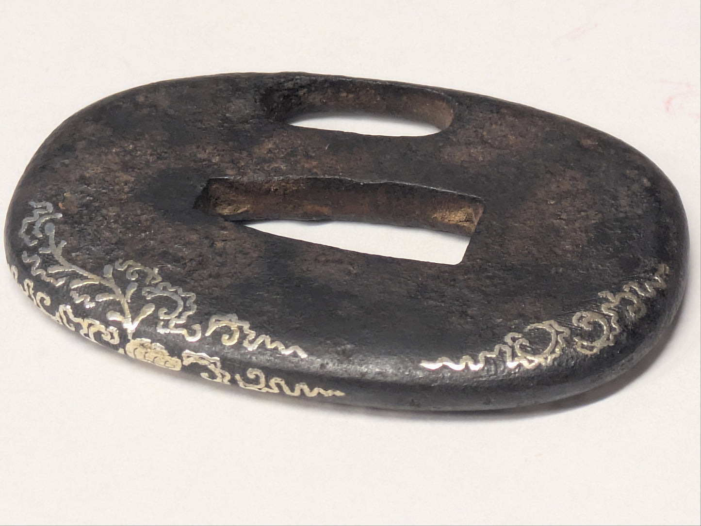Antique Japanese Pair of Matched Iron Tsuba with Silver Wisteria Inlay, Edo Period, c. 1800–1868