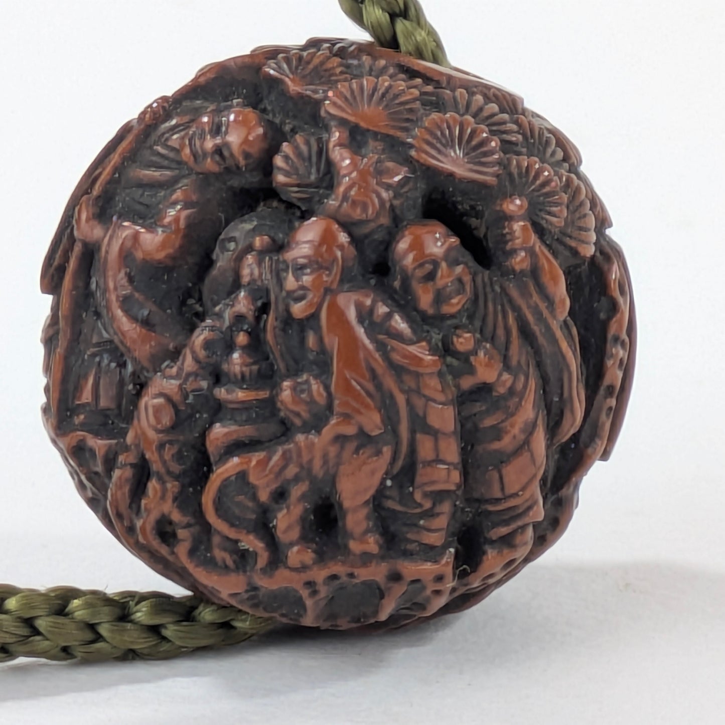 Antique Japanese Hand Carved Wooden Ojime Bead w/ Tiny Mountain Monks Motif .75"