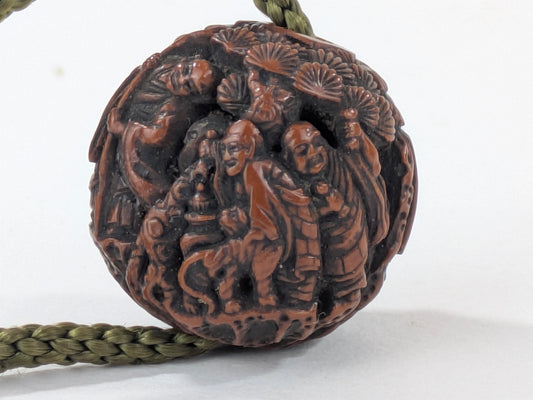 Antique Japanese Hand Carved Wooden Ojime Bead w/ Tiny Mountain Monks Motif .75"