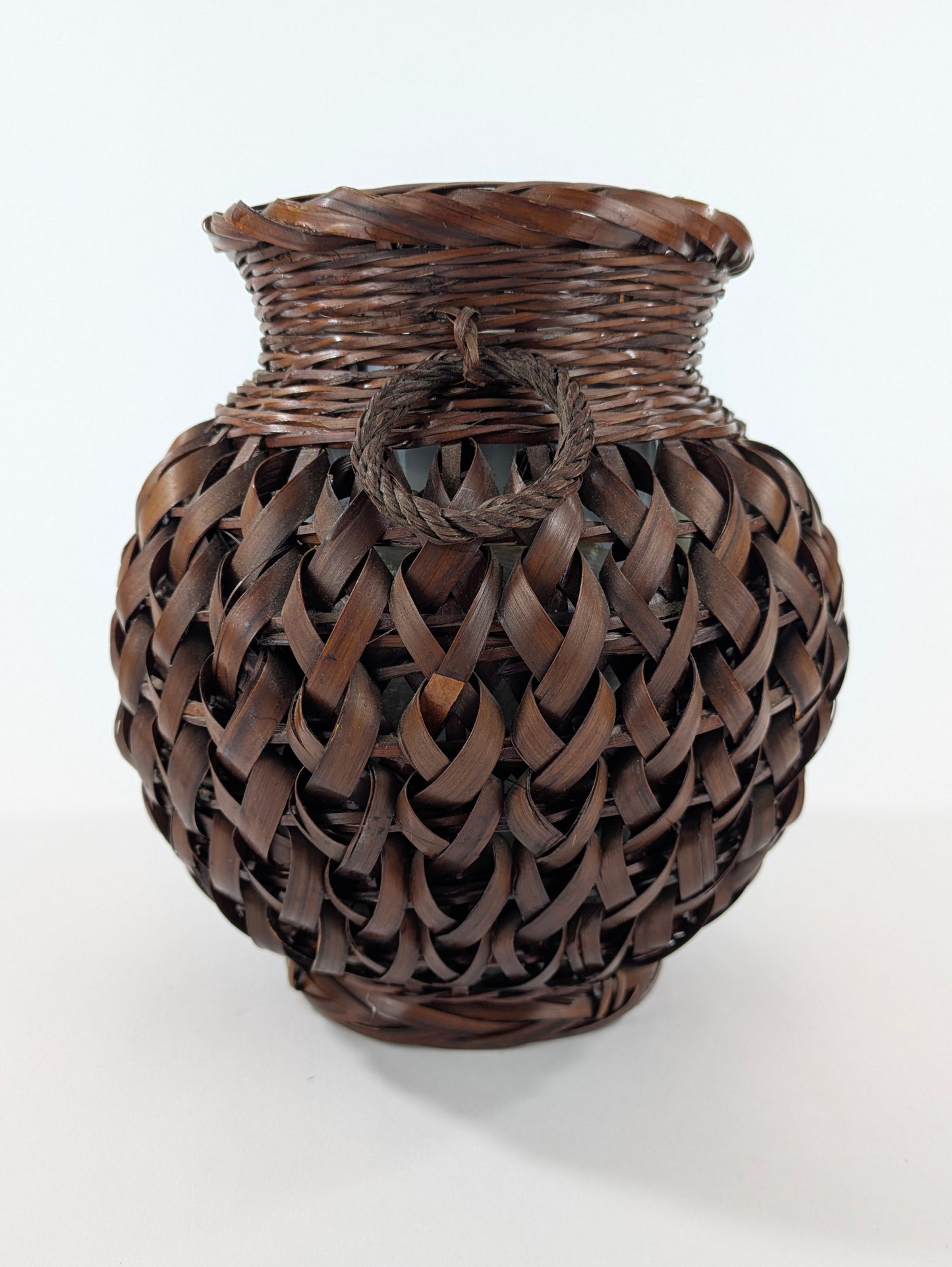 Japanese Bamboo Basket Ikebana Flower Basket Open Weave w/ Inner Vase