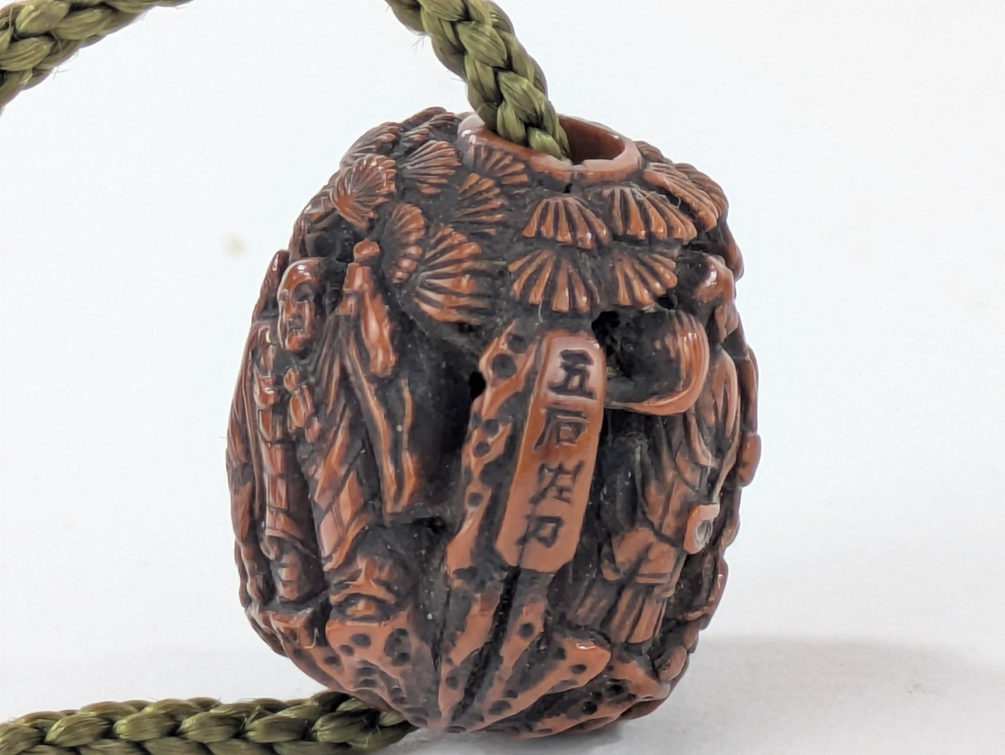 Antique Japanese Hand Carved Wooden Ojime Bead w/ Tiny Mountain Monks Motif .75"