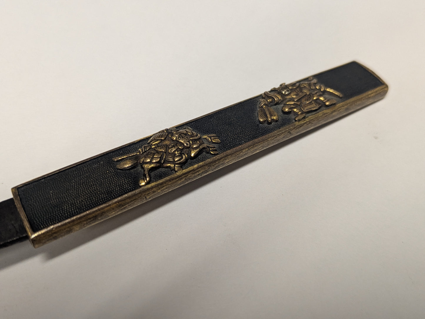 Antique Japanese Edo Period Kozuka Knife Sheath Two Samurai in Gilt Relief Edo period (18th–19th C),
