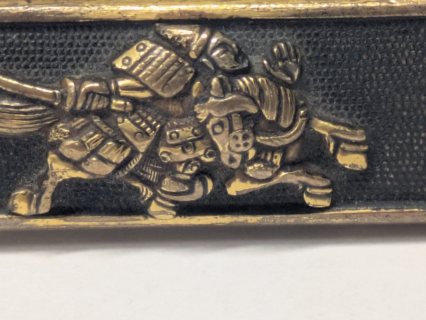Antique Japanese Edo Period Kozuka Knife Sheath Two Samurai in Gilt Relief Edo period (18th–19th C),