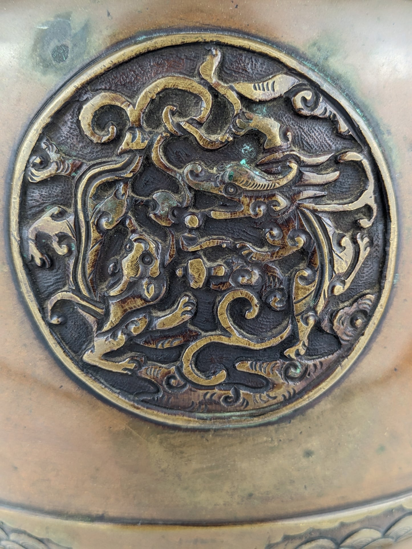 Antique Japanese (c1920) Bronze Hibachi Brazier Animals Dragon Tiger Motif 11"
