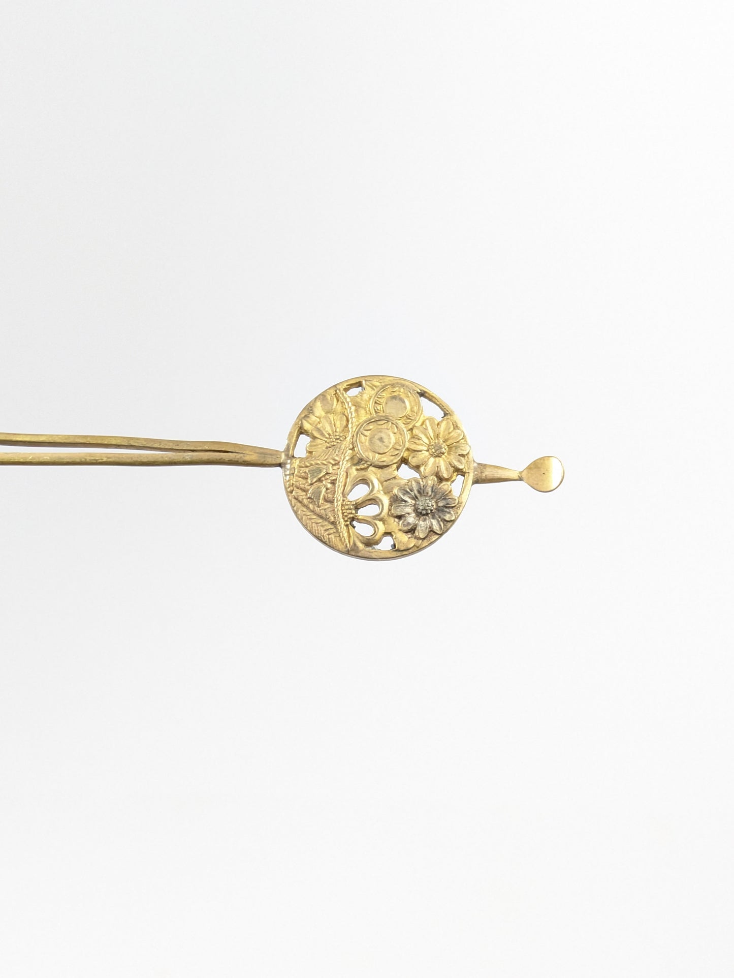 Antique Japanese Round Kanzashi Geisha Hairpiece Bronze Daisies & Tenko Drum 7" Hairpin Mimikake Style