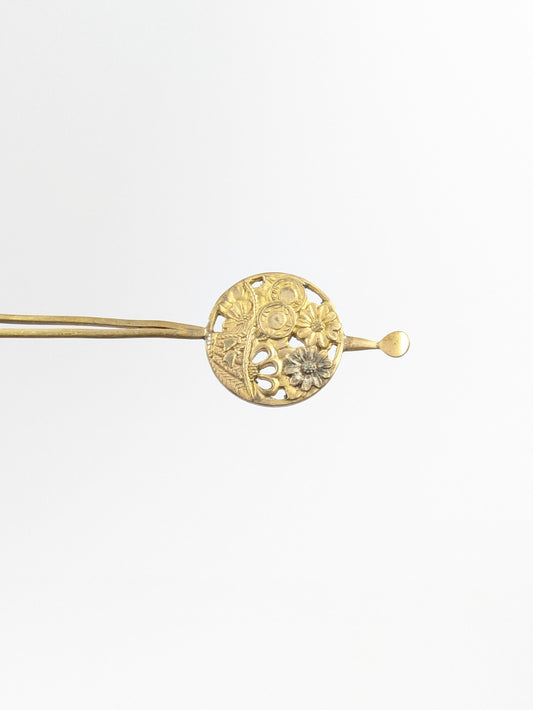 Antique Japanese Round Kanzashi Geisha Hairpiece Bronze Daisies & Tenko Drum 7" Hairpin Mimikake Style