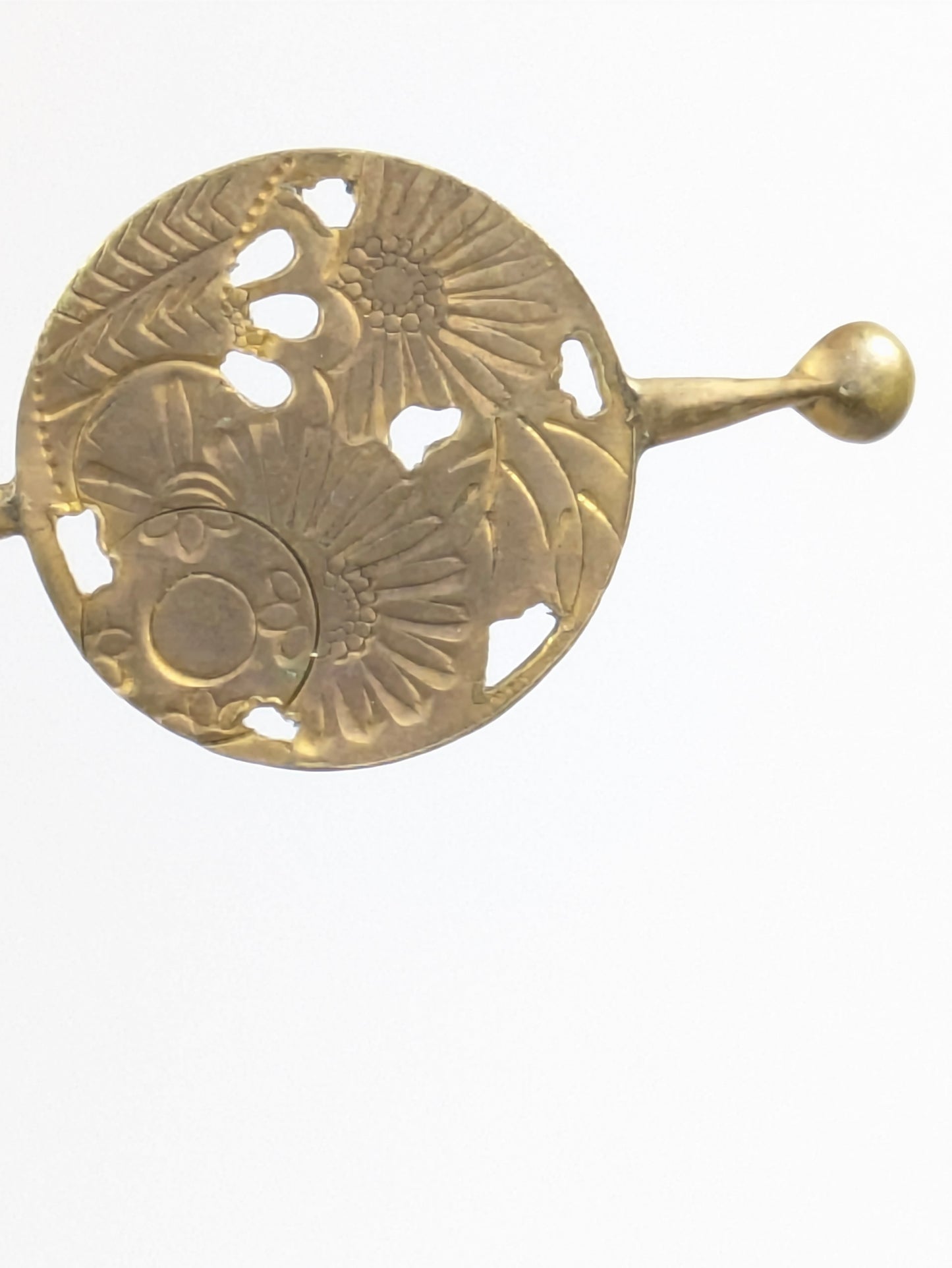 Antique Japanese Round Kanzashi Geisha Hairpiece Bronze Daisies & Tenko Drum 7" Hairpin Mimikake Style