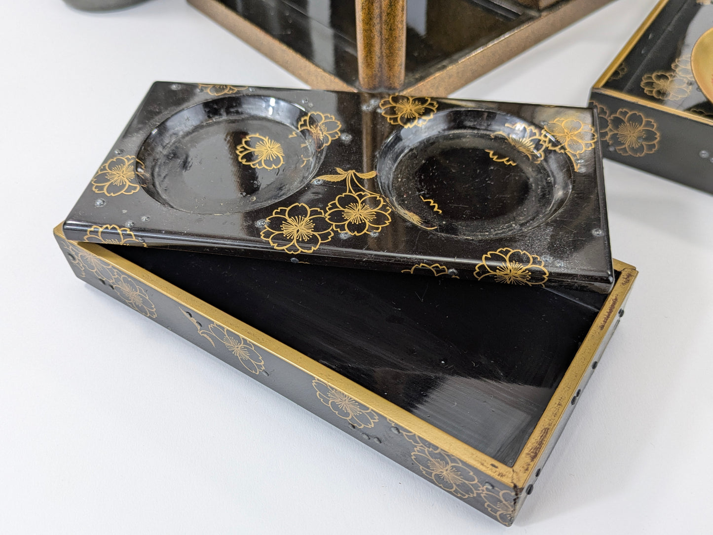 Antique Japanese Very Rare Edo Period 17/18 Century Lacquered Picnic Sake Set (Kazaribako) Hanami (Cherry Blossom Viewing) Caddy w Gold Maki-E & Silver “Dew” Studs LS#140
