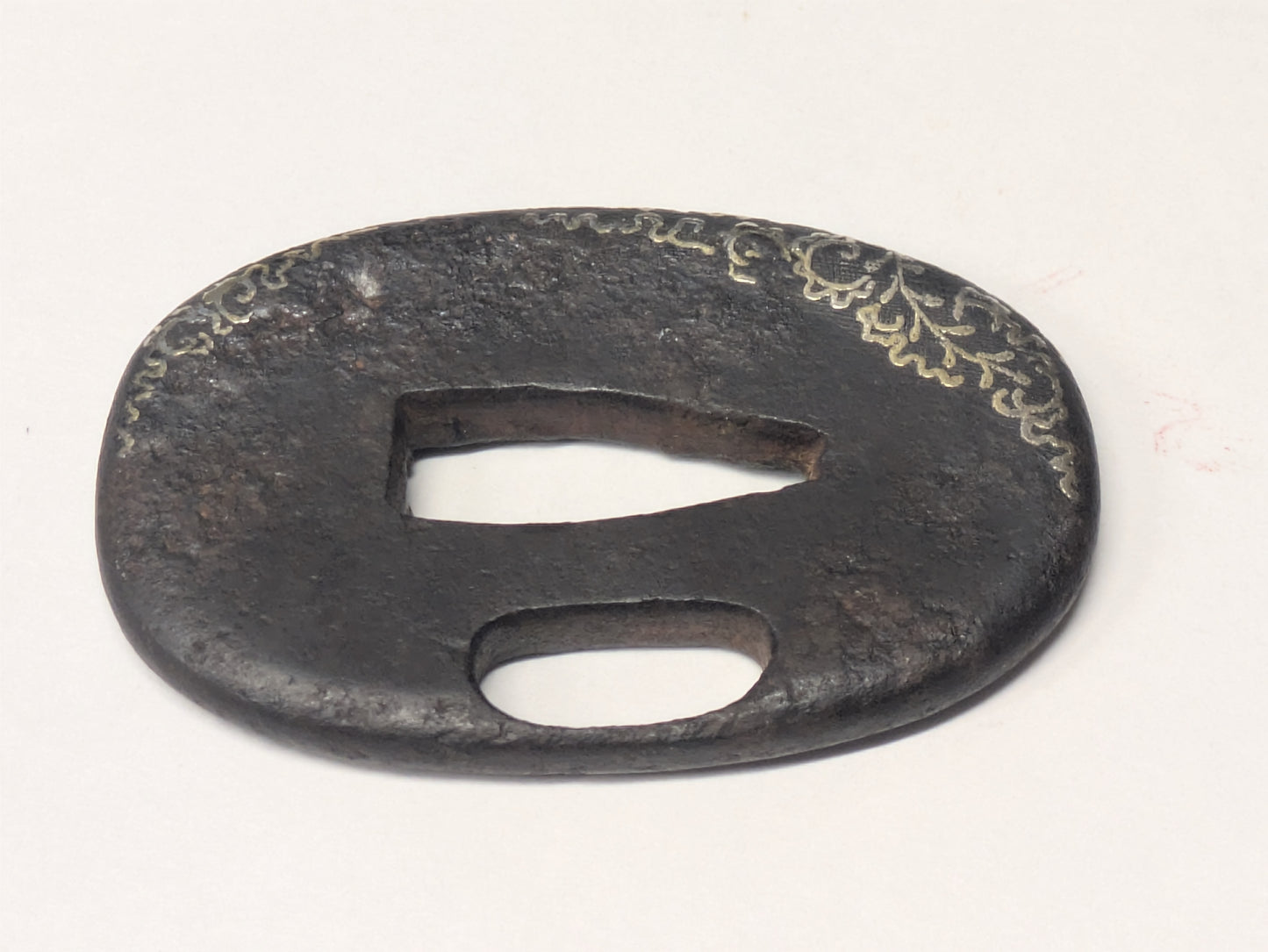 Antique Japanese Pair of Matched Iron Tsuba with Silver Wisteria Inlay, Edo Period, c. 1800–1868