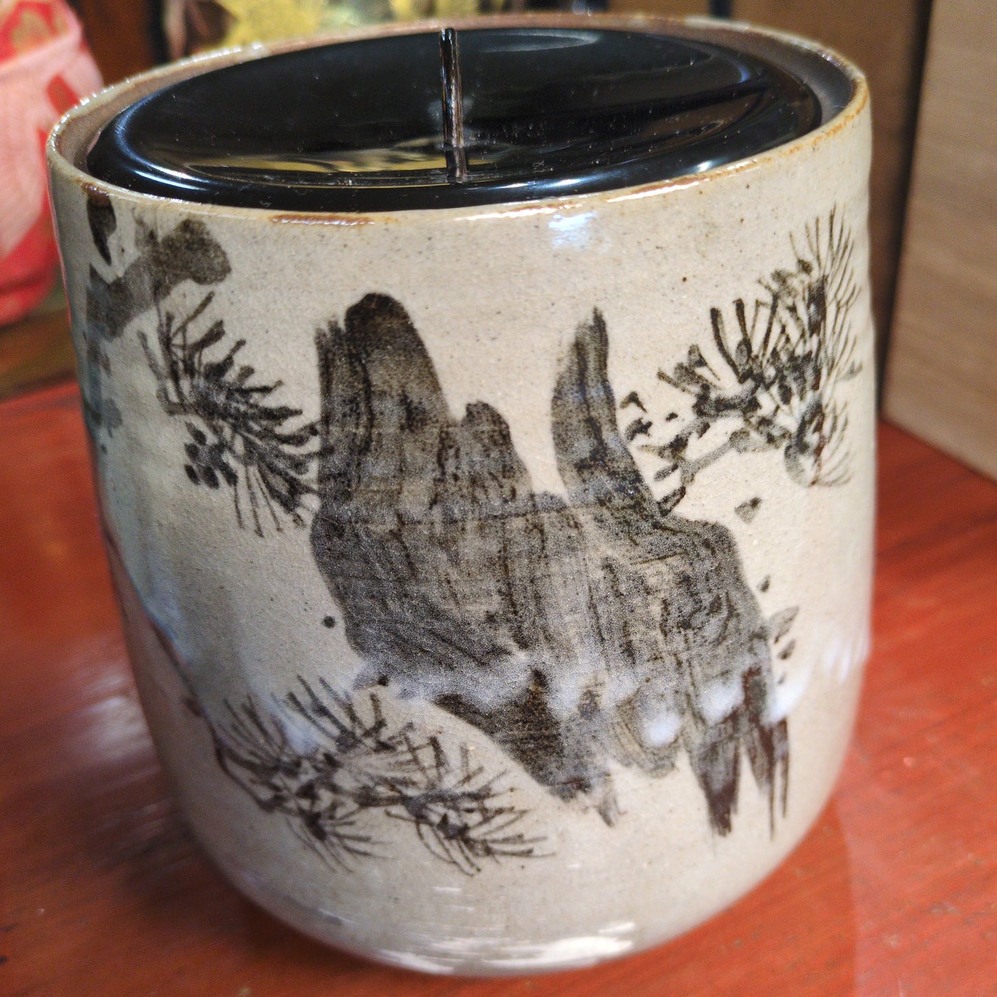 Vintage Japanese Mizusashi Water Vessel w/ Lacquer Lid for Tea Ceramony 6"