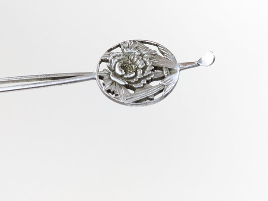 Antique Japanese Round Kanzashi Geisha Hairpiece Silver Peony Blossom Tassels 7" Hairpin Mimikake Style