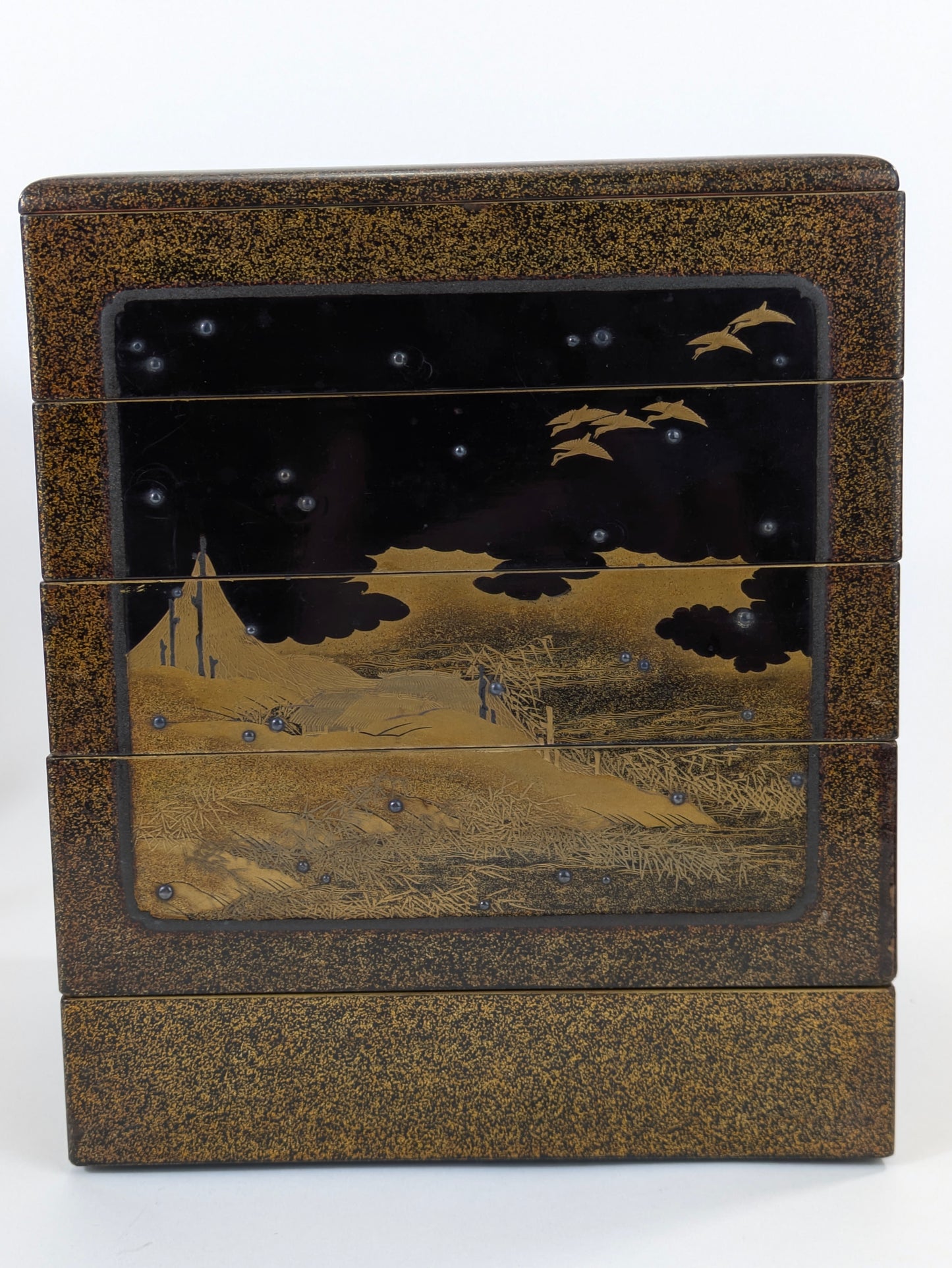 Antique Japanese Very Rare Edo Period 17/18 Century Lacquered Picnic Sake Set (Kazaribako) Hanami (Cherry Blossom Viewing) Caddy w Gold Maki-E & Silver “Dew” Studs LS#140