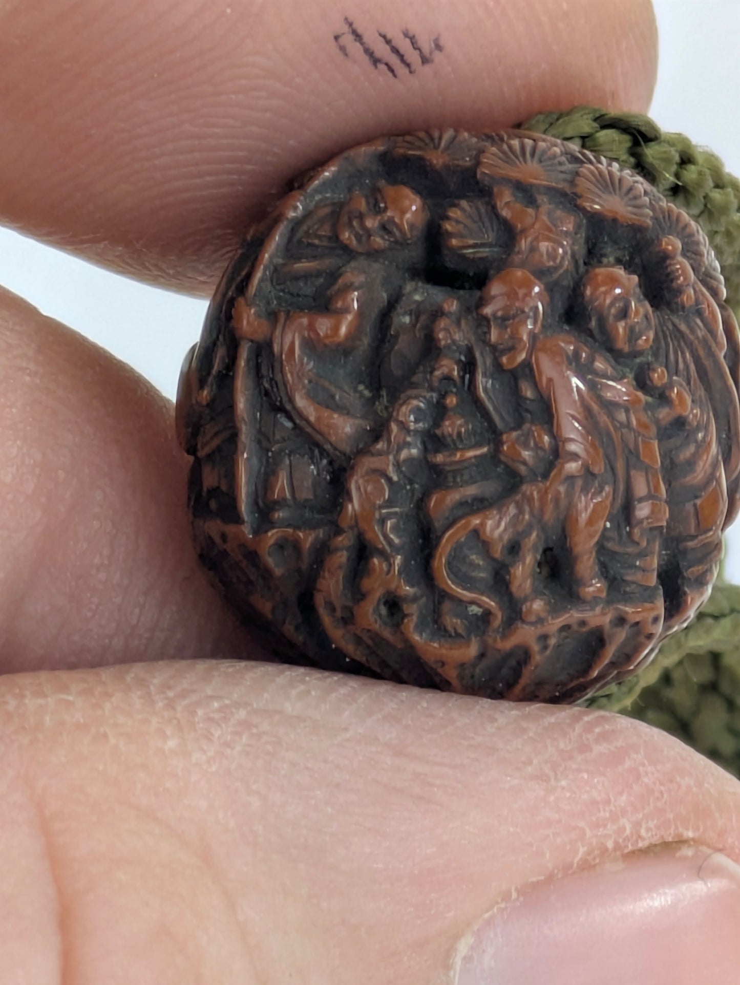 Antique Japanese Hand Carved Wooden Ojime Bead w/ Tiny Mountain Monks Motif .75"