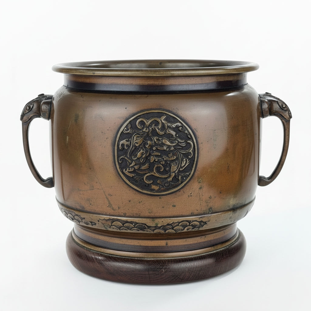Antique Japanese (c1920) Bronze Hibachi Brazier Animals Dragon Tiger Motif 11"