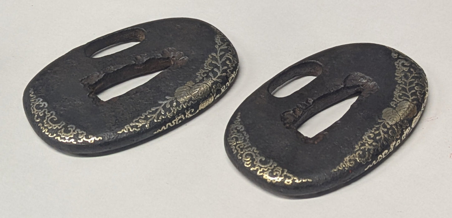 Antique Japanese Pair of Matched Iron Tsuba with Silver Wisteria Inlay, Edo Period, c. 1800–1868