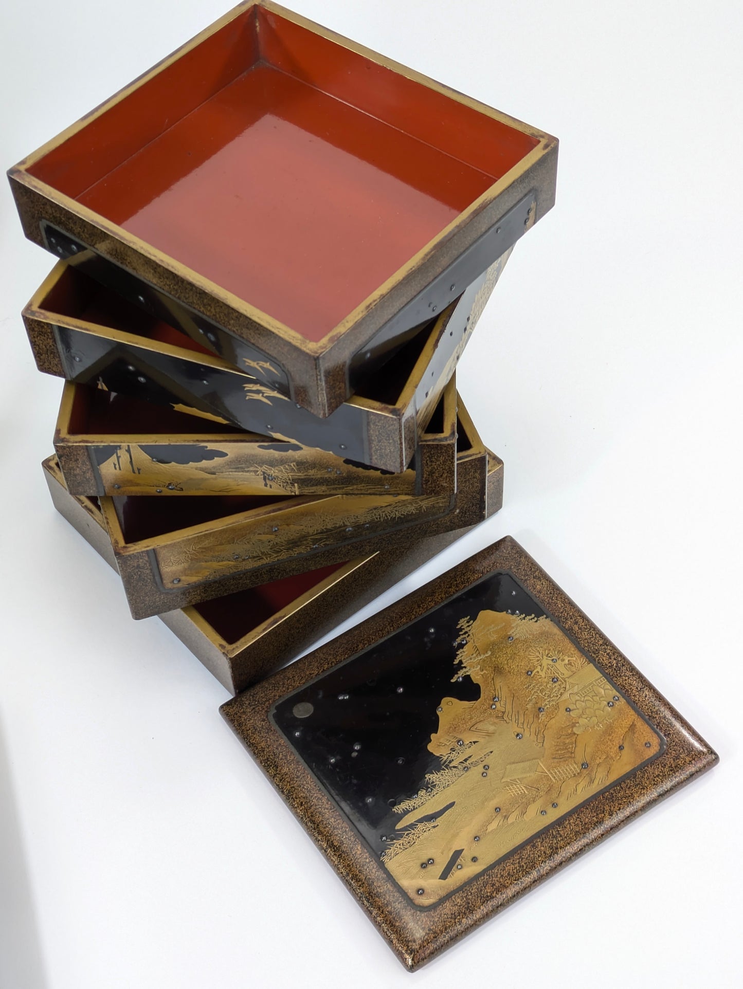 Antique Japanese Very Rare Edo Period 17/18 Century Lacquered Picnic Sake Set (Kazaribako) Hanami (Cherry Blossom Viewing) Caddy w Gold Maki-E & Silver “Dew” Studs LS#140